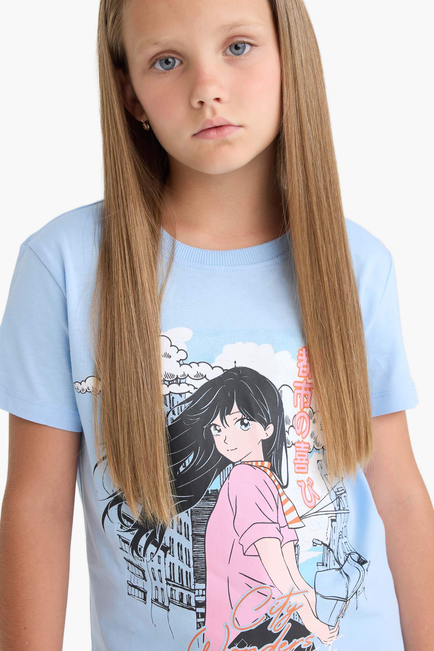 Kız Çocuk Bisiklet Yaka Anime Baskılı Kısa Kollu Tişört