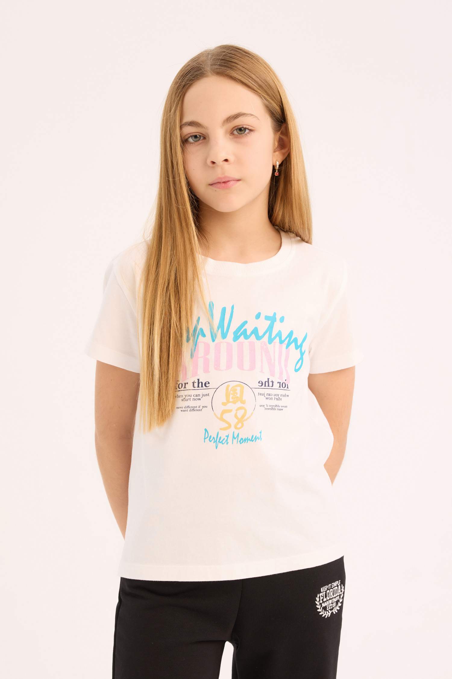 Kız Çocuk Bisiklet Yaka Baskılı Kısa Kollu Tişört