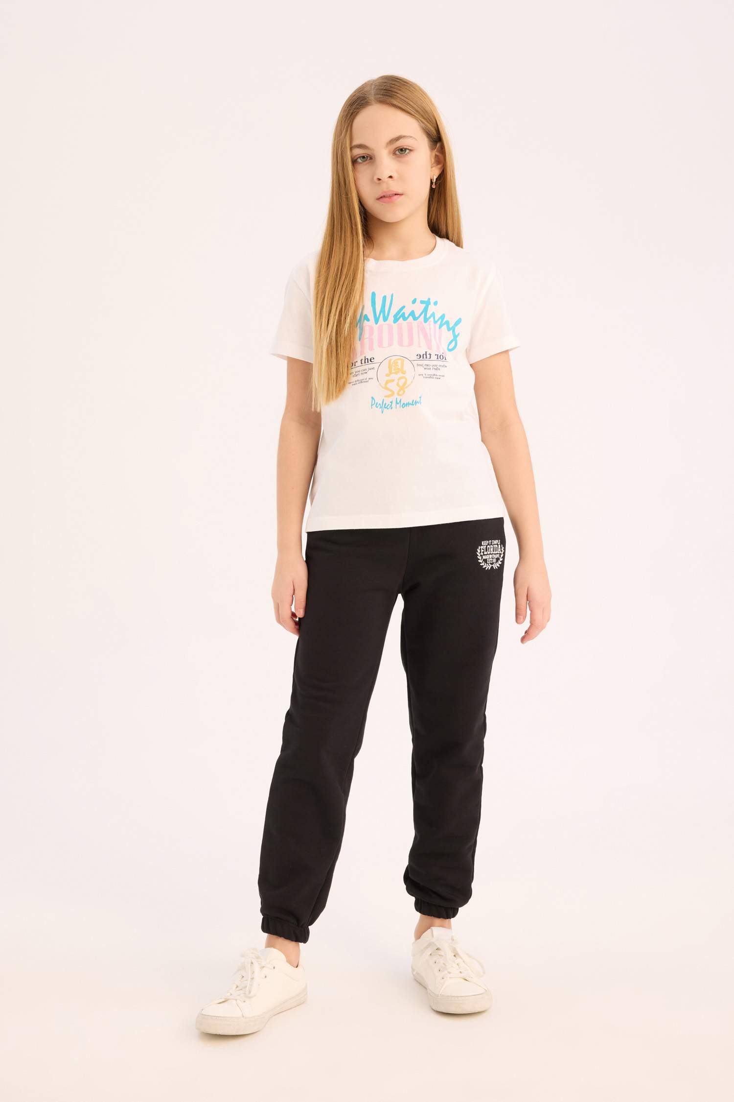 Kız Çocuk Bisiklet Yaka Baskılı Kısa Kollu Tişört