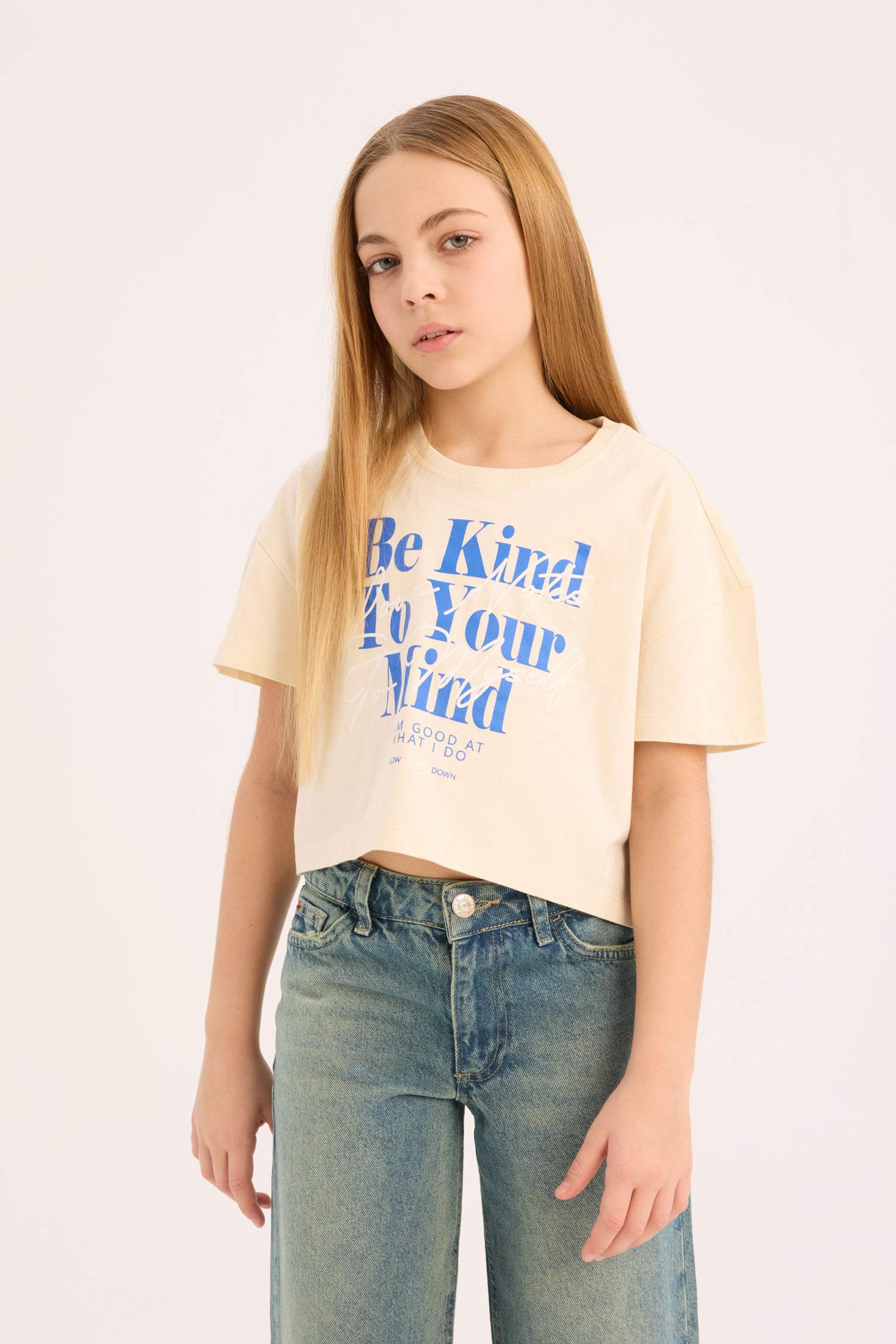 Kız Çocuk Bisiklet Yaka Baskılı Kısa Kollu Tişört