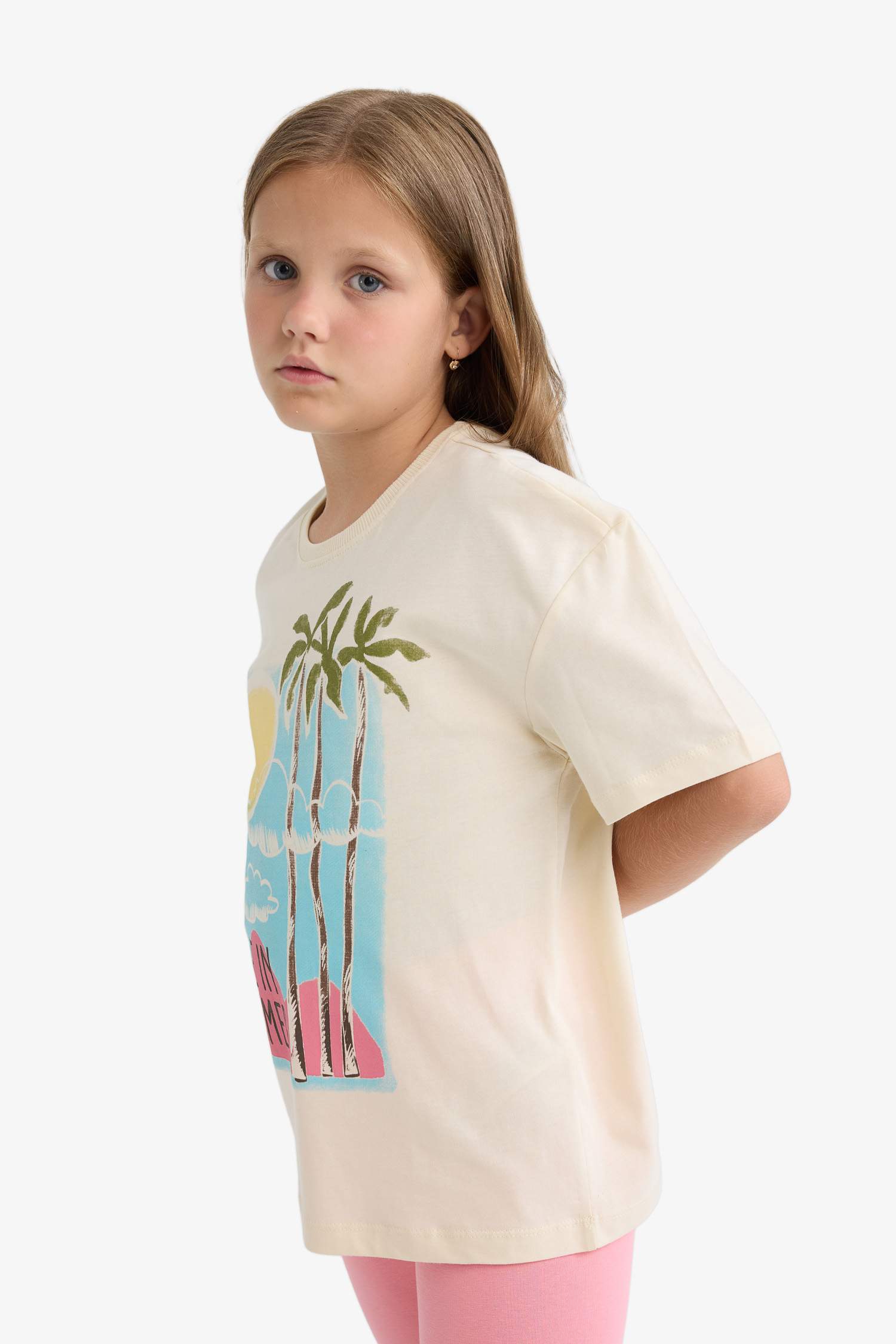 تيشيرت نص كم مطبوع قصة مريحة برقبة مستديرة