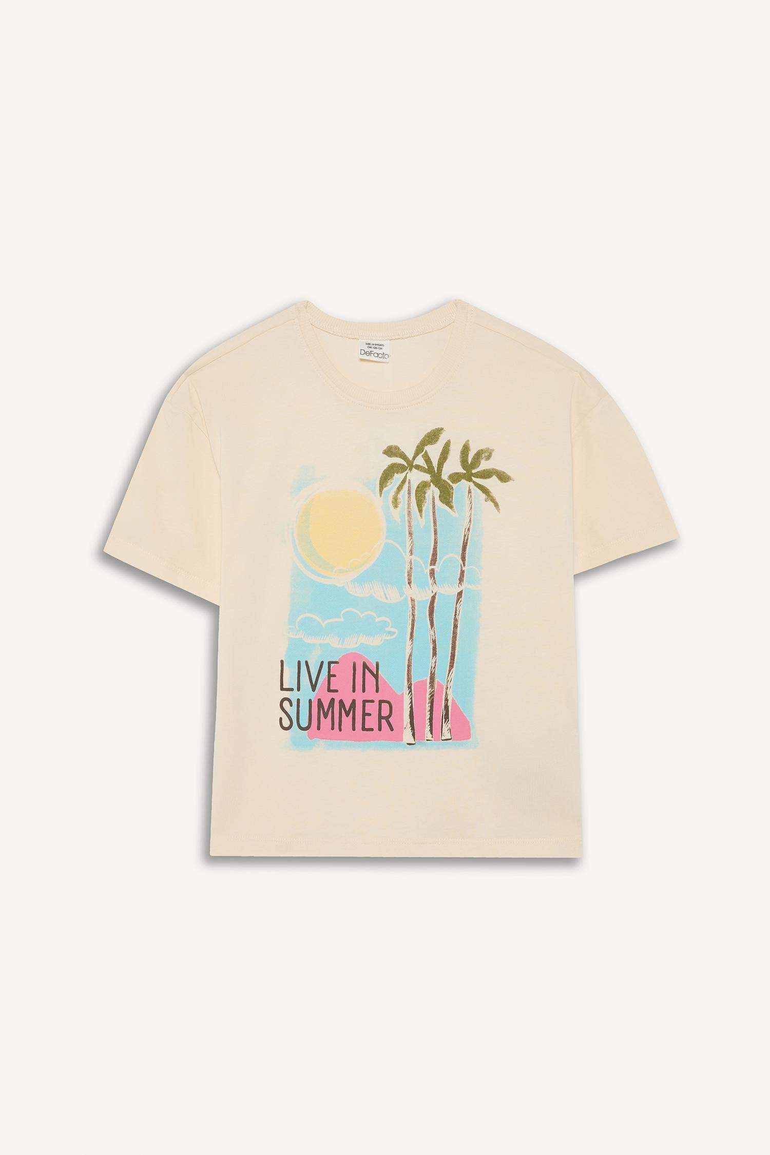 تيشيرت نص كم مطبوع قصة مريحة برقبة مستديرة