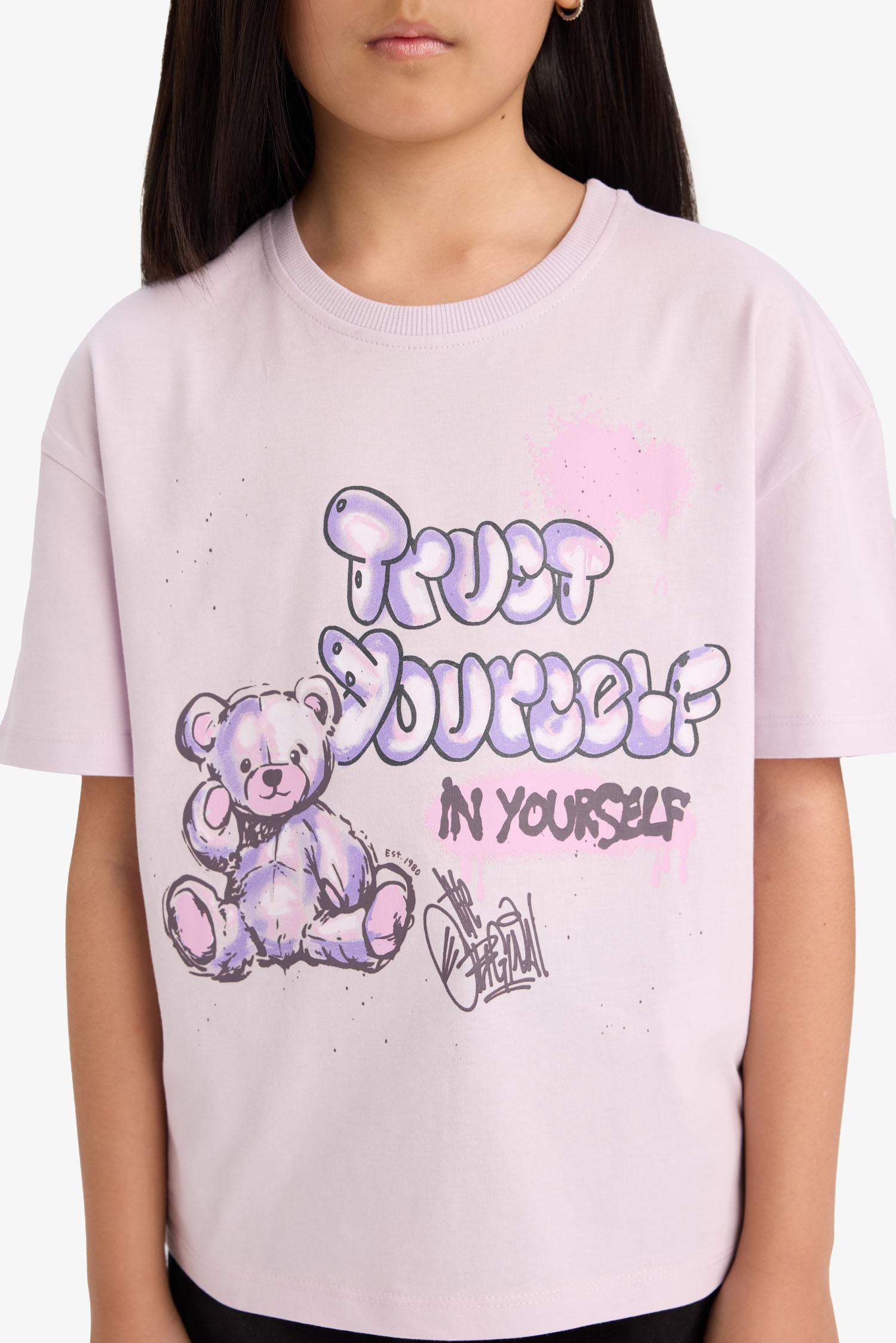 Kız Çocuk Relax Fit Bisiklet Yaka Baskılı Kısa Kollu Tişört