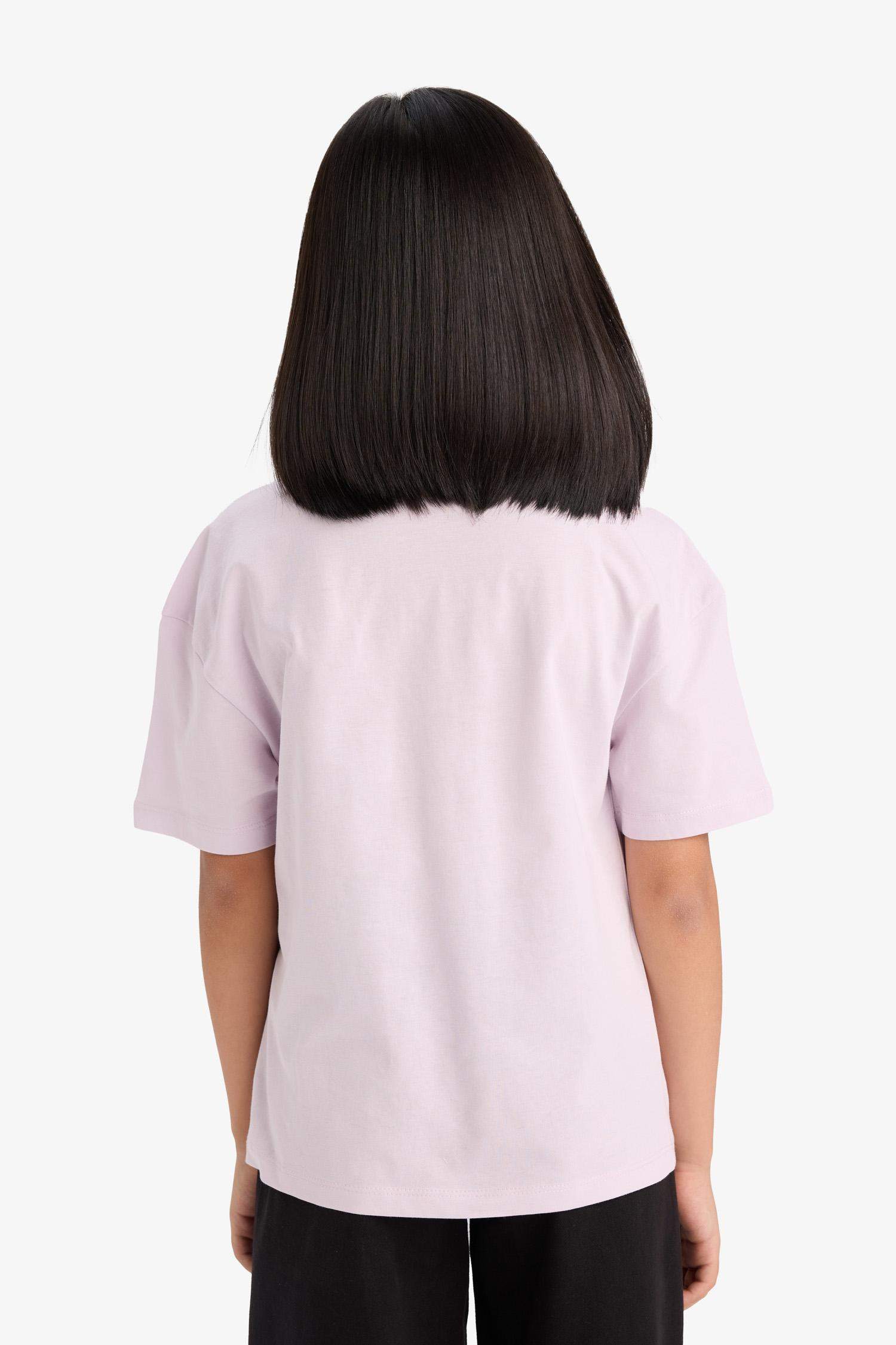 Kız Çocuk Relax Fit Bisiklet Yaka Baskılı Kısa Kollu Tişört