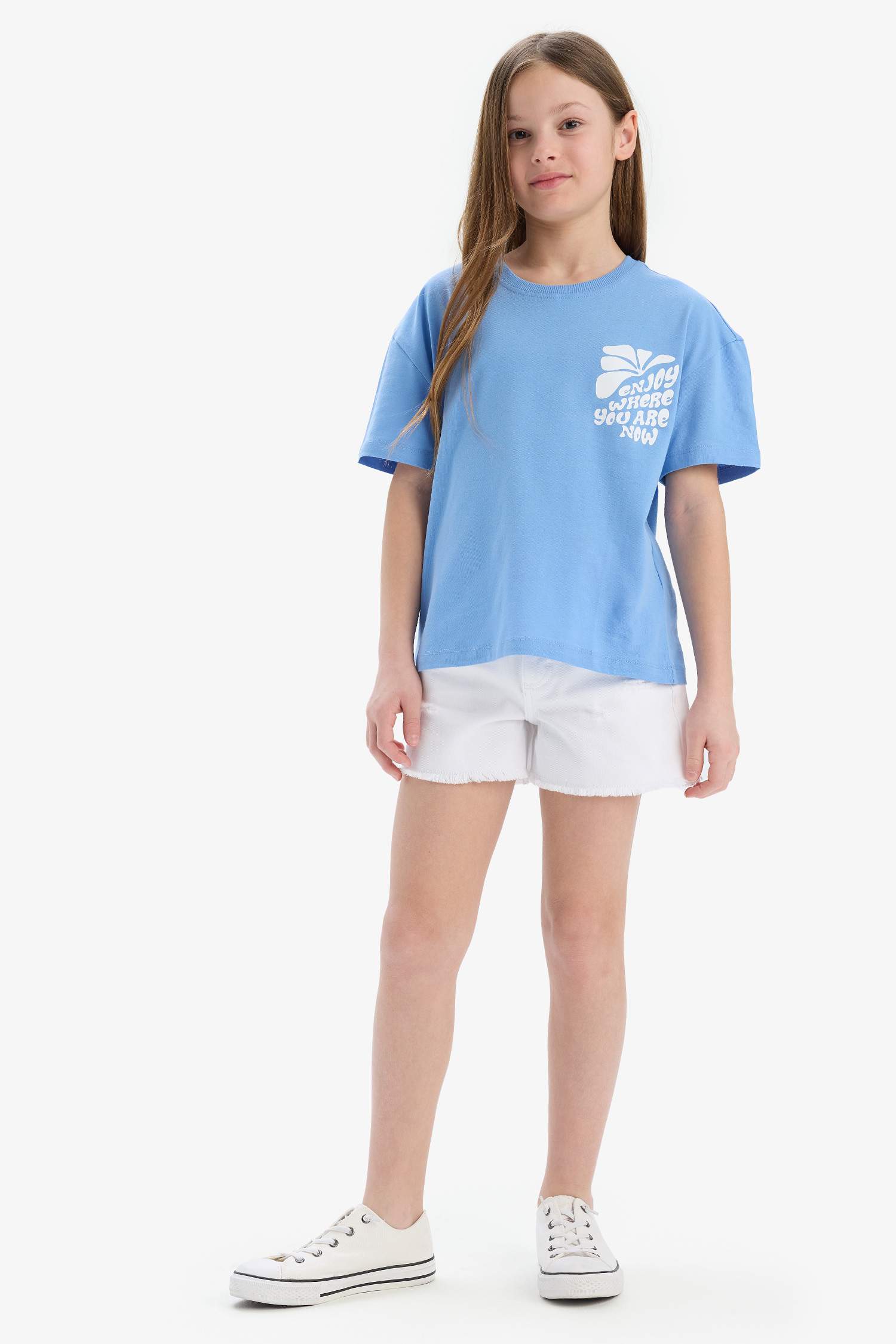 Kız Çocuk Relax Fit Bisiklet Yaka Sırt Baskılı Kısa Kollu Tişört