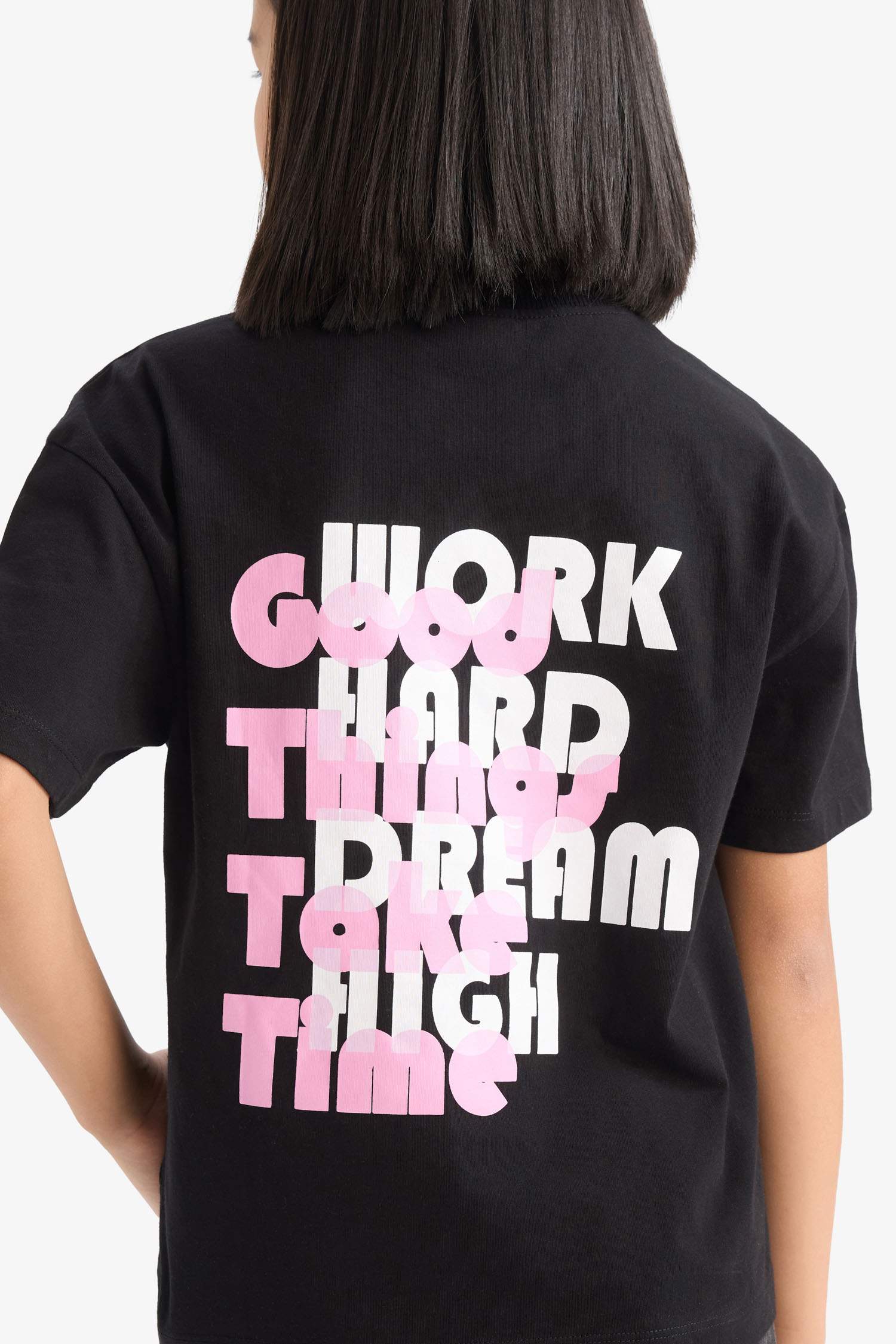 Kız Çocuk Relax Fit Sırt Baskılı Bisiklet Yaka Kısa Kollu Tişört