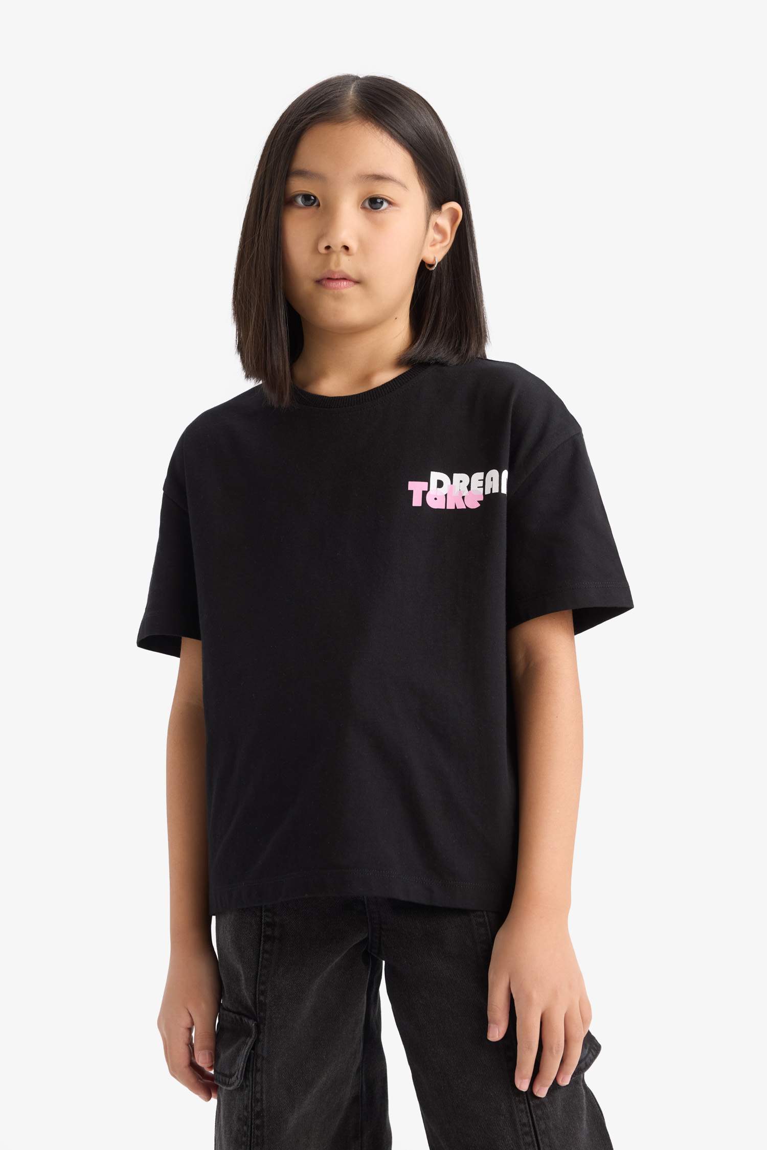 Kız Çocuk Relax Fit Sırt Baskılı Bisiklet Yaka Kısa Kollu Tişört