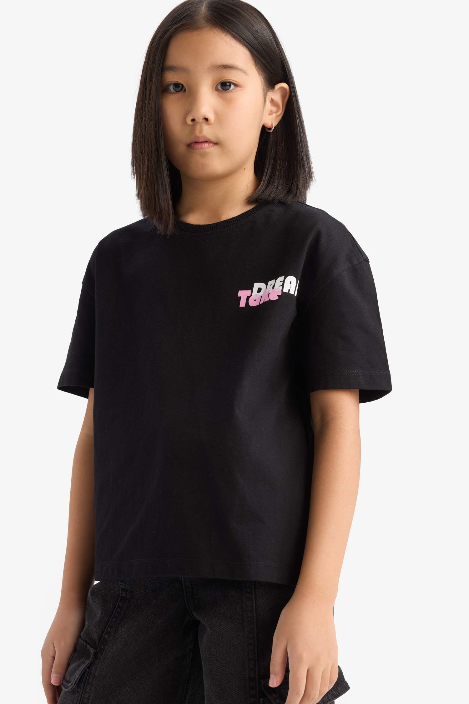 Kız Çocuk Relax Fit Sırt Baskılı Bisiklet Yaka Kısa Kollu Tişört