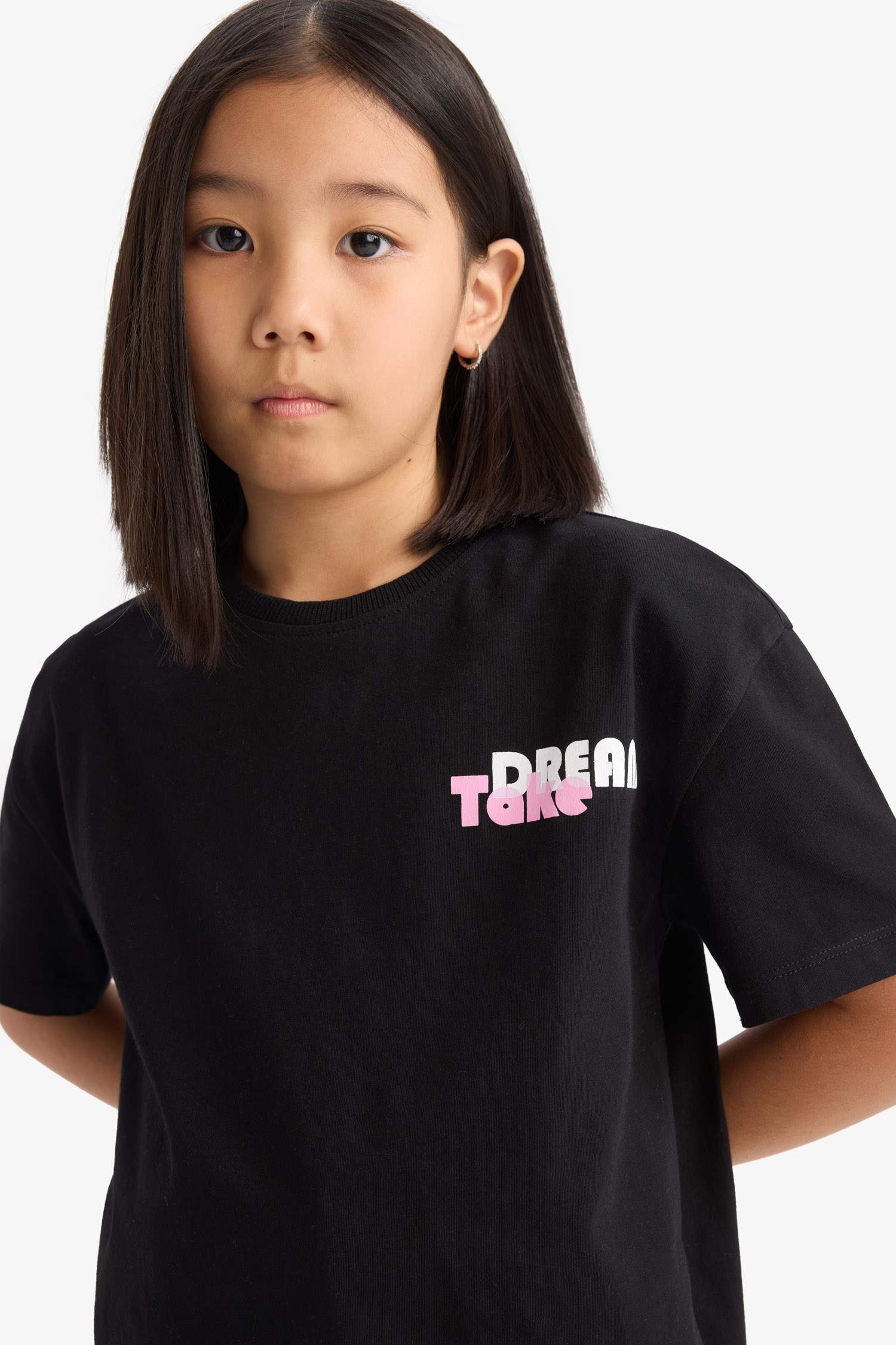 Kız Çocuk Relax Fit Sırt Baskılı Bisiklet Yaka Kısa Kollu Tişört