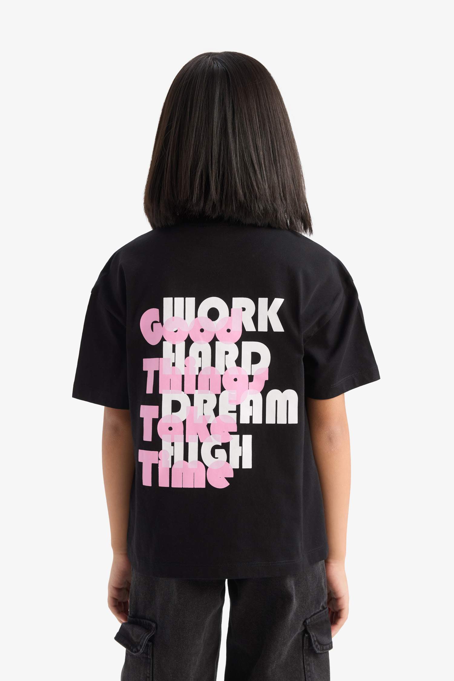 Kız Çocuk Relax Fit Sırt Baskılı Bisiklet Yaka Kısa Kollu Tişört