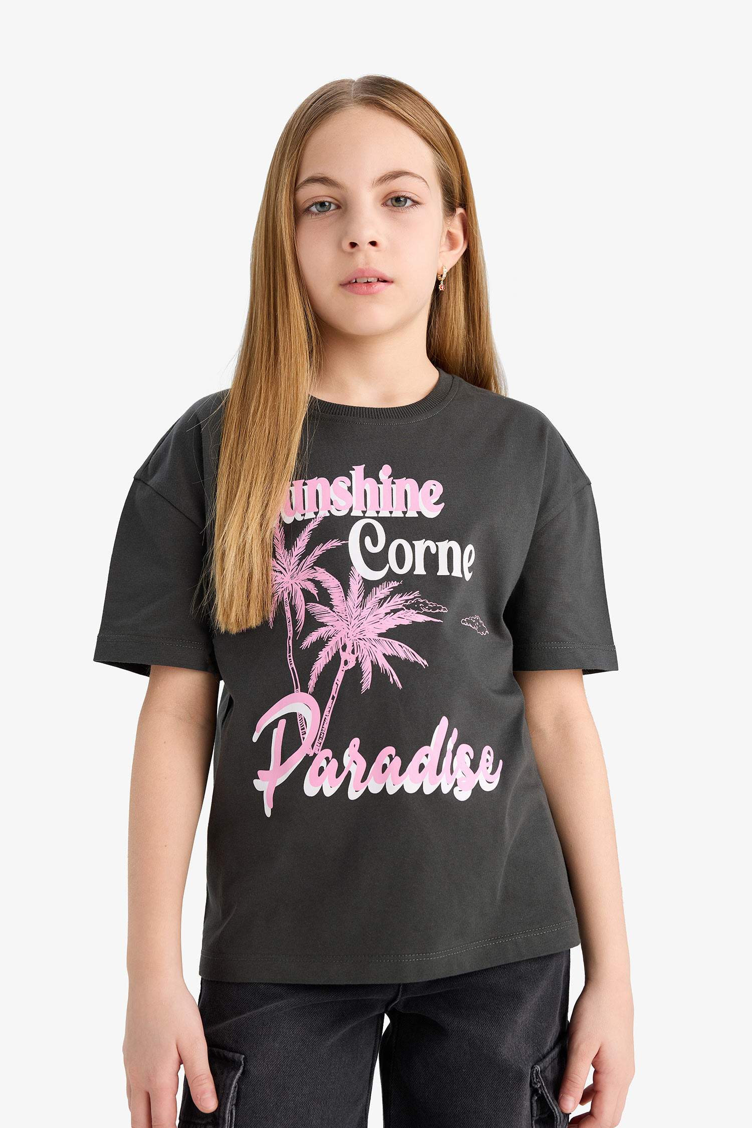 Girl Relax Fit Crew Neck Slogan Printed T-Shirt