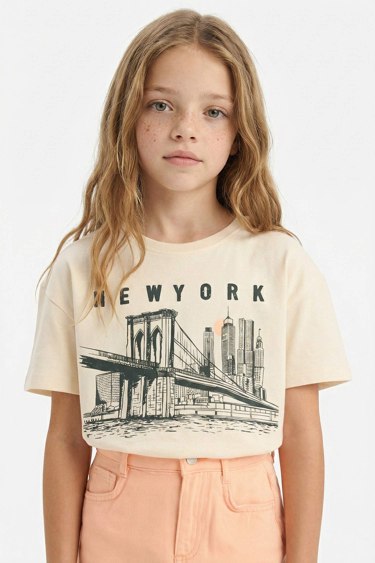 Kız Çocuk Relax Fit Bisiklet Yaka Baskılı Kısa Kollu Tişört