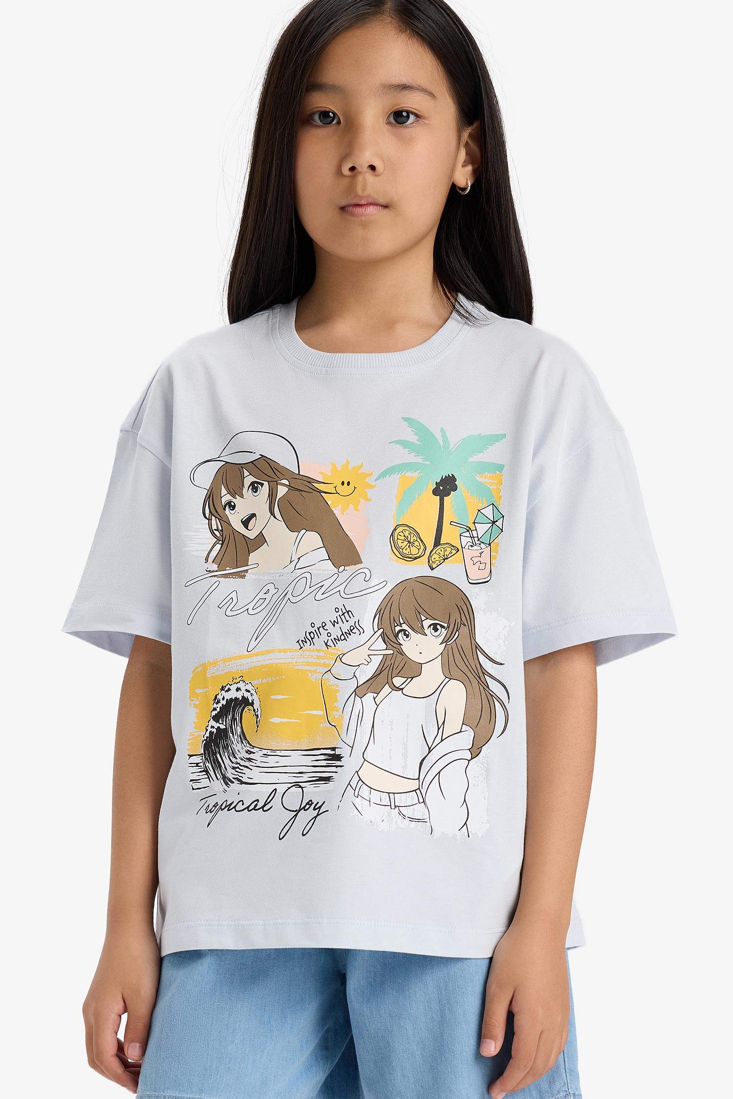 تيشيرت بناتي نص ردن بطبعة شعار اوفر سايز بياخة مستديرة