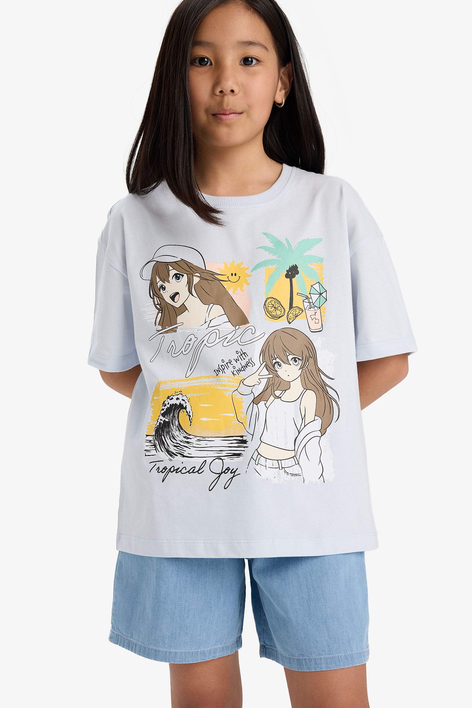 تيشيرت بناتي نص ردن بطبعة شعار اوفر سايز بياخة مستديرة