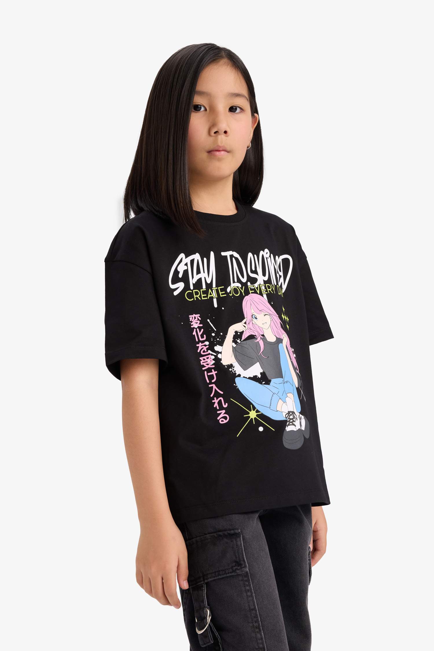 Kız Çocuk Oversize Geniş Kalıp Bisiklet Yaka Baskılı Kısa Kollu Tişört