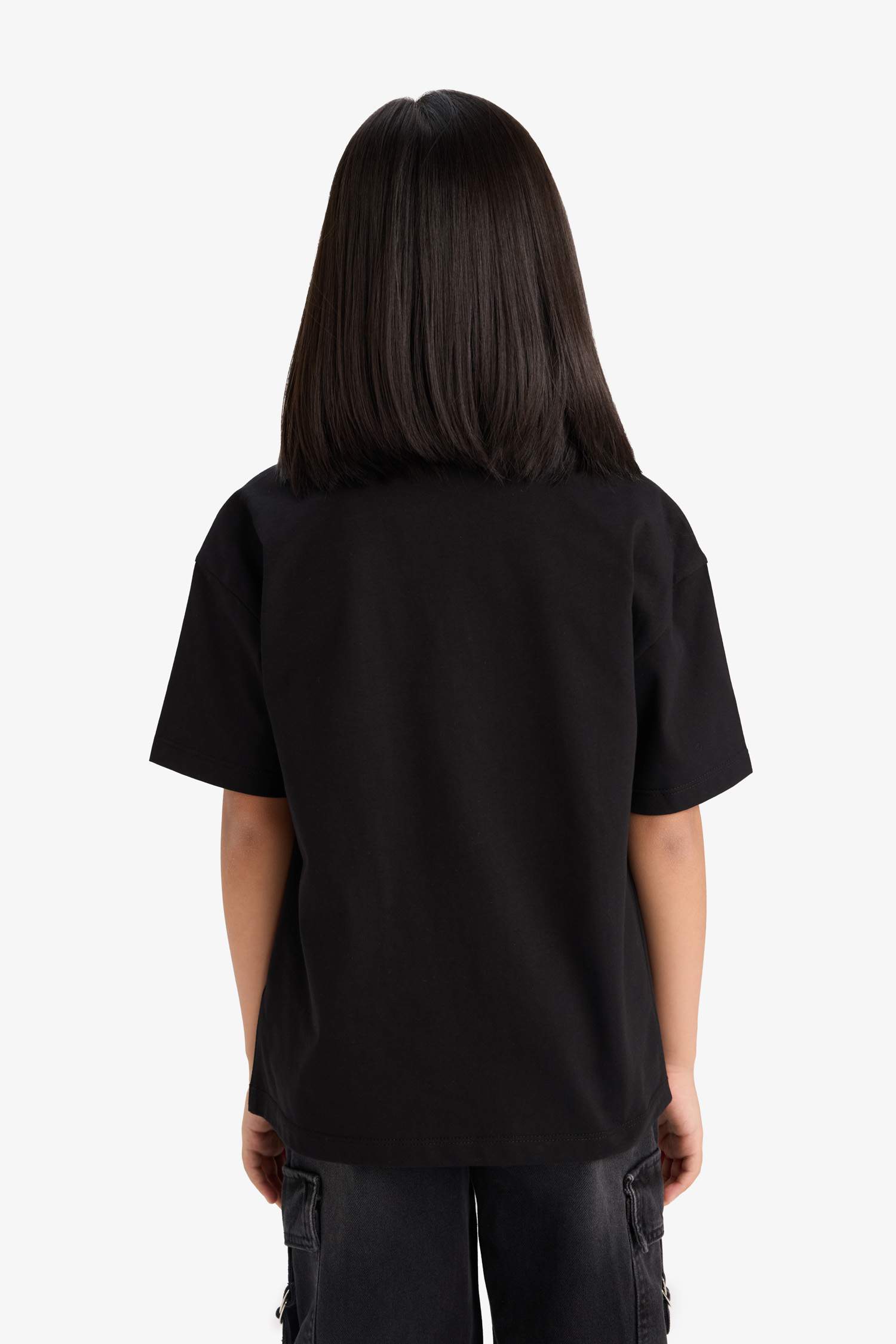 Kız Çocuk Oversize Geniş Kalıp Bisiklet Yaka Baskılı Kısa Kollu Tişört