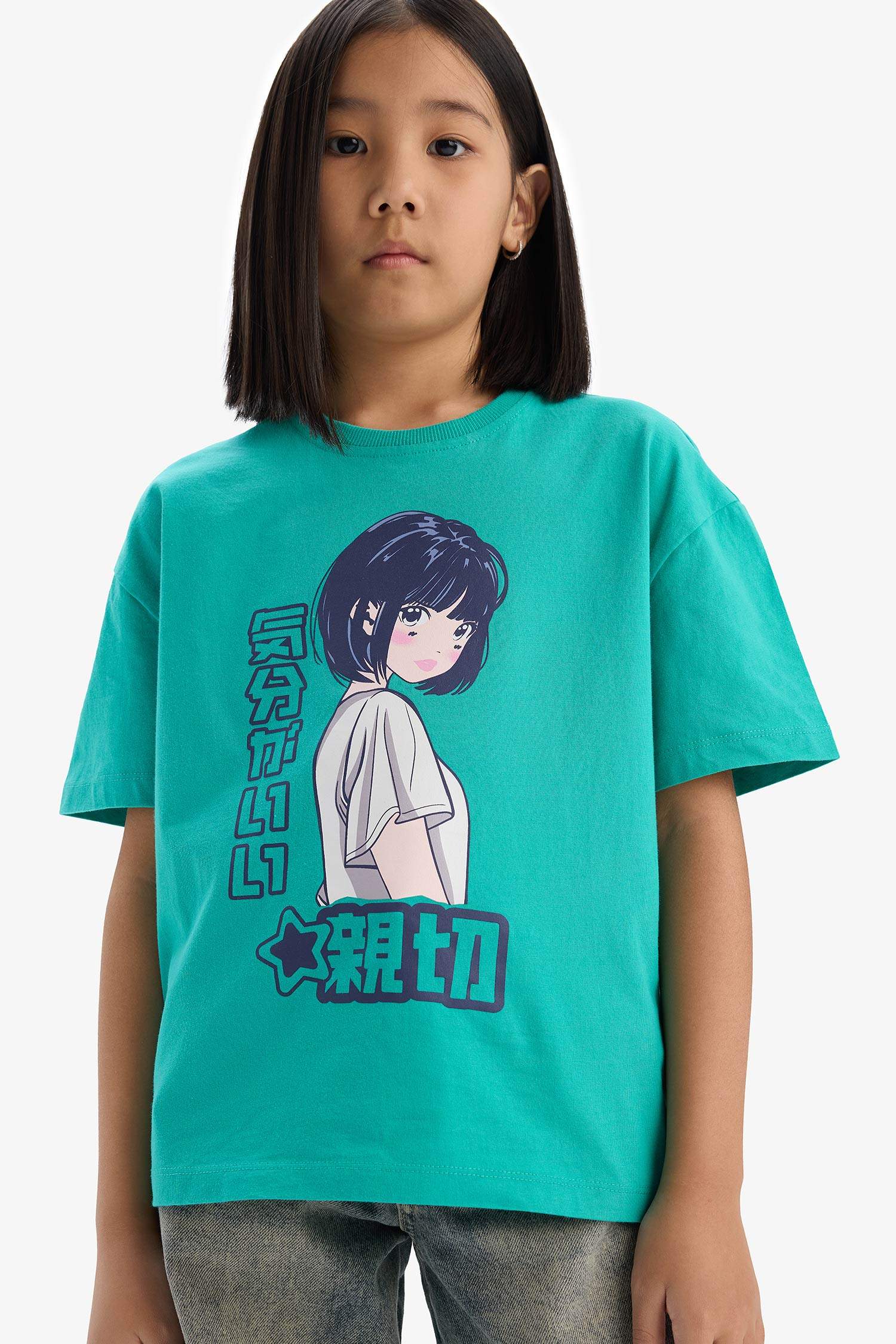 Kız Çocuk Oversize Geniş Kalıp Bisiklet Yaka Baskılı Kısa Kollu Tişört