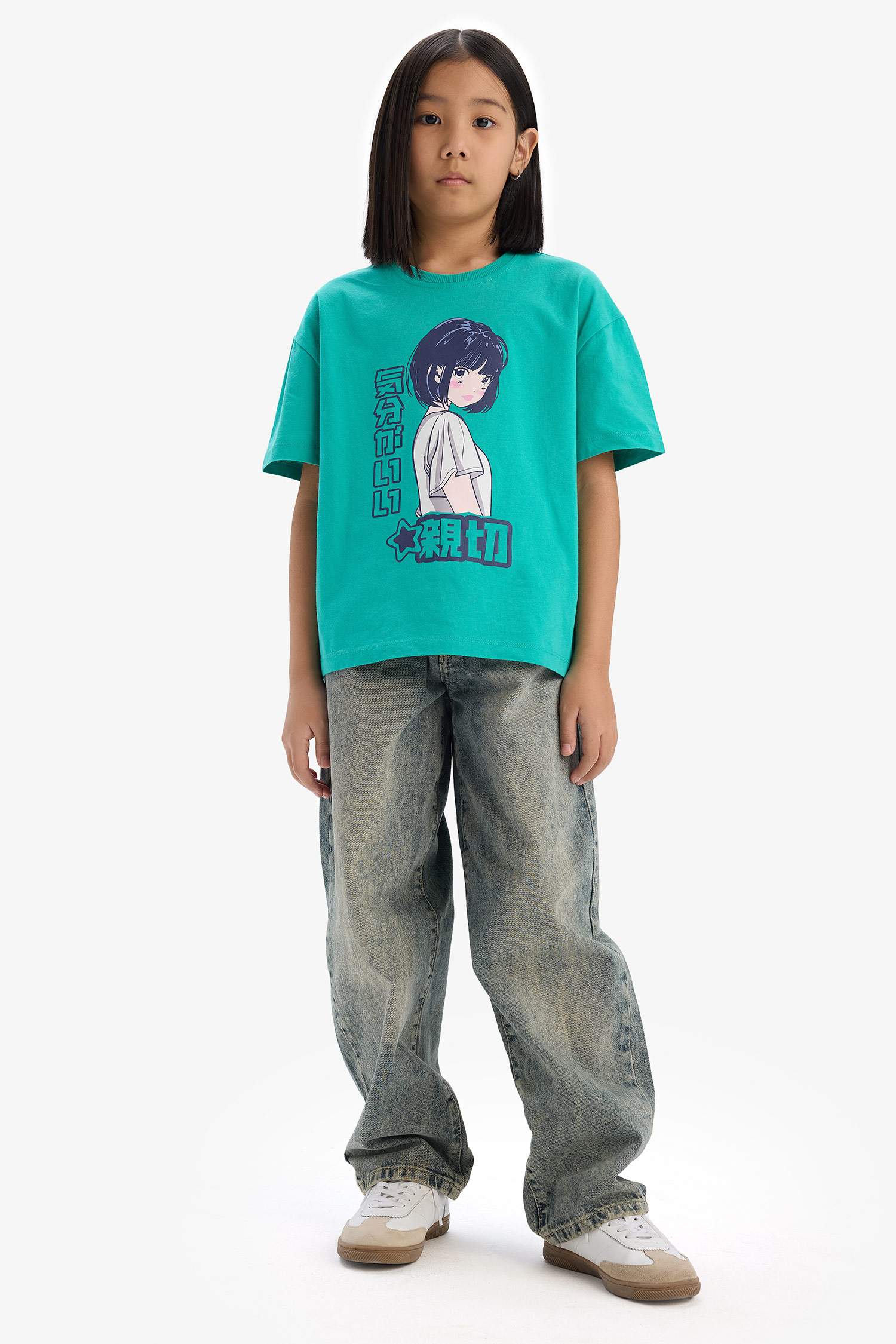 Kız Çocuk Oversize Geniş Kalıp Bisiklet Yaka Baskılı Kısa Kollu Tişört