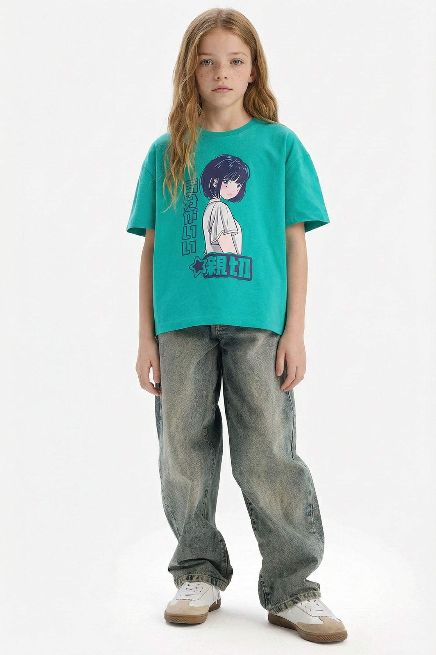 Girl Oversize Fit Crew Neck Slogan Printed T-Shirt