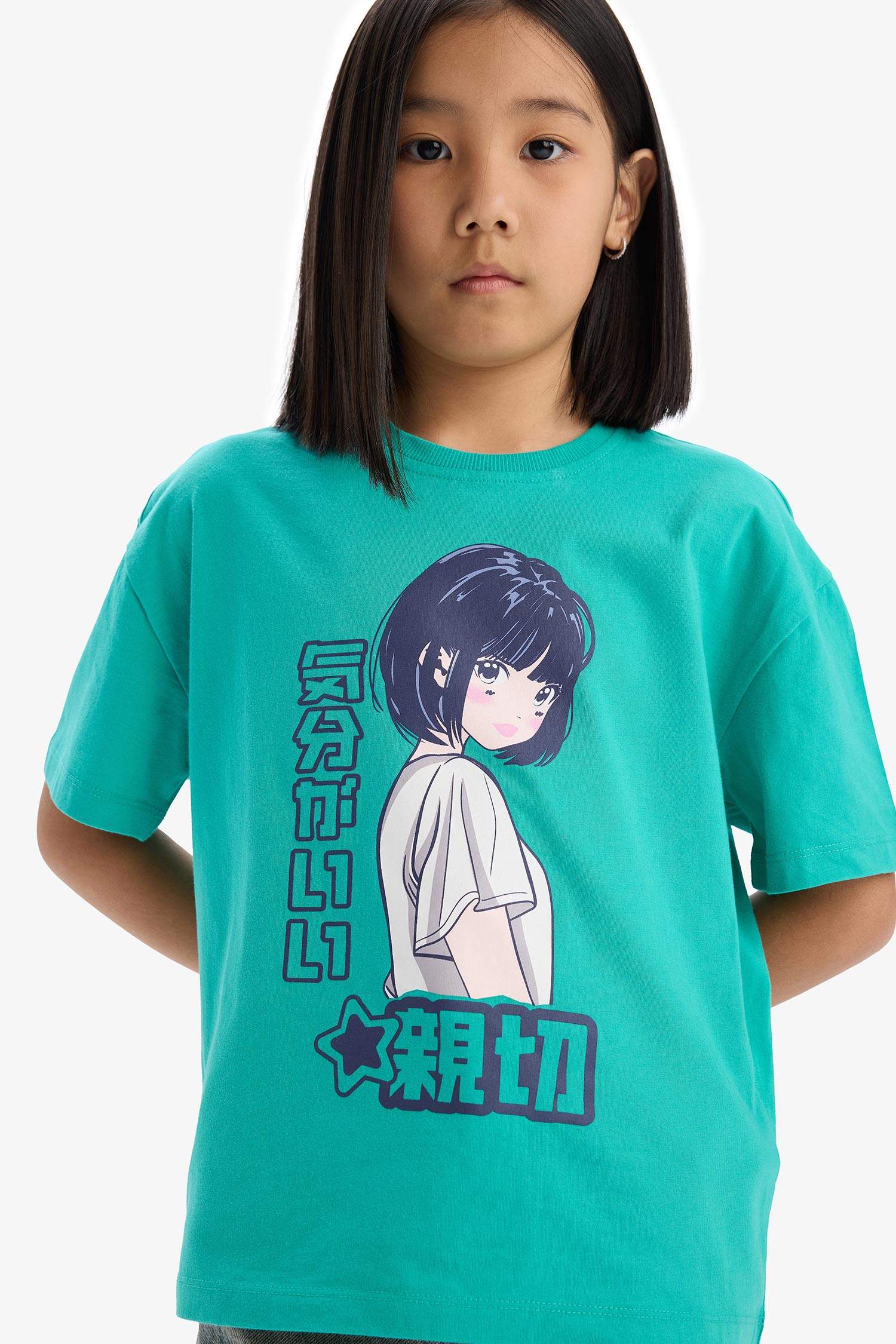 Kız Çocuk Oversize Geniş Kalıp Bisiklet Yaka Baskılı Kısa Kollu Tişört