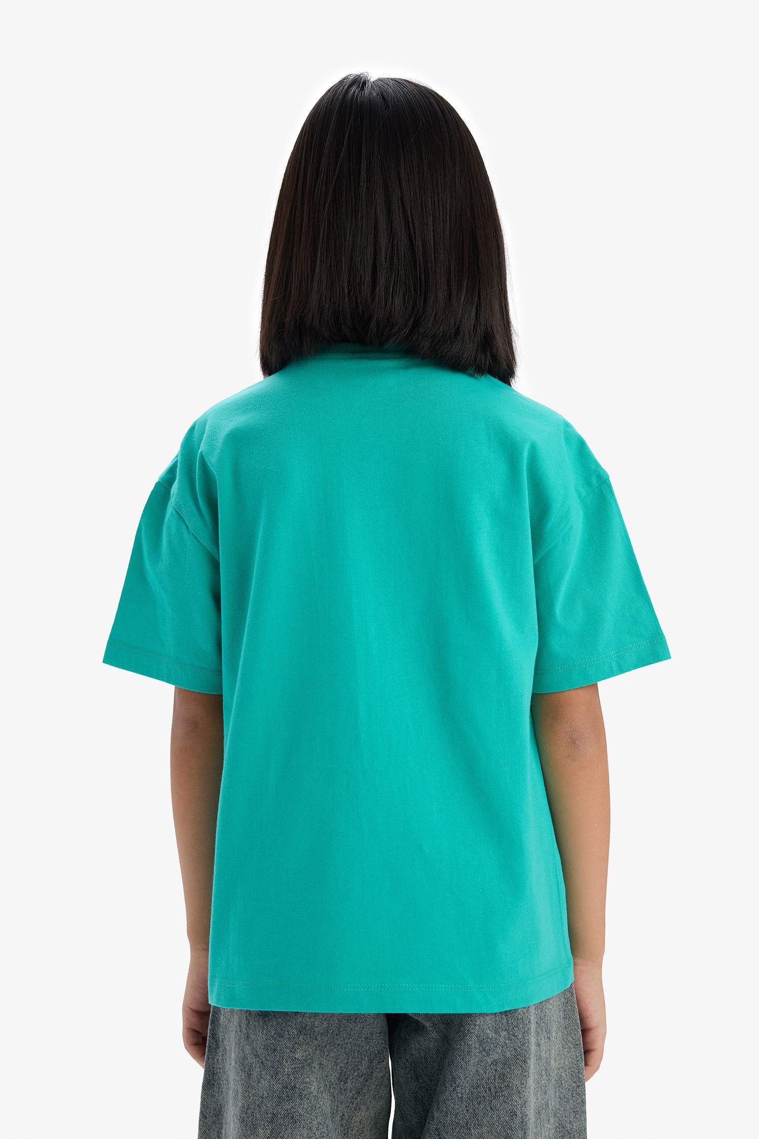 Kız Çocuk Oversize Geniş Kalıp Bisiklet Yaka Baskılı Kısa Kollu Tişört