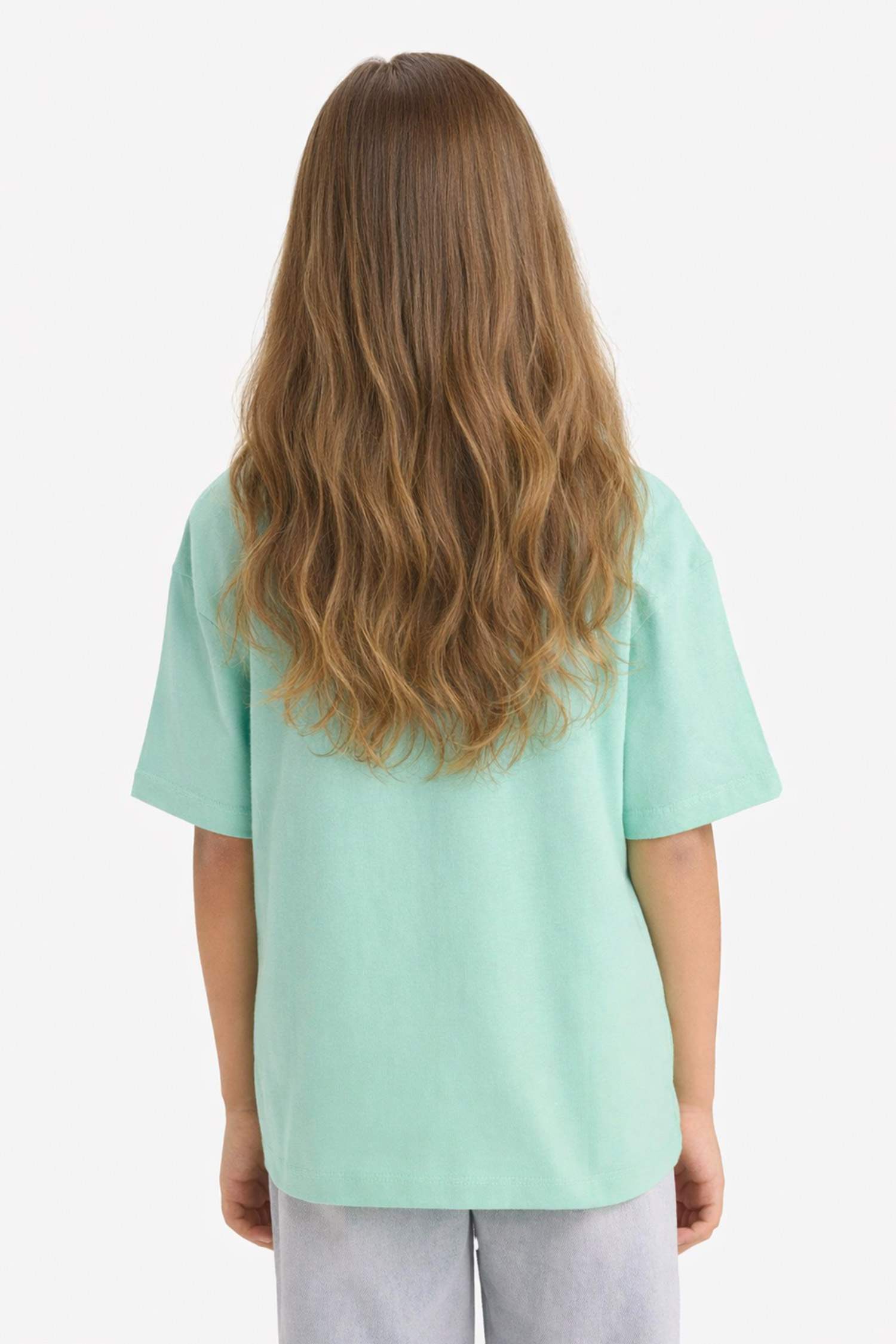 Kız Çocuk Oversize Geniş Kalıp Bisiklet Yaka Baskılı Kısa Kollu Tişört