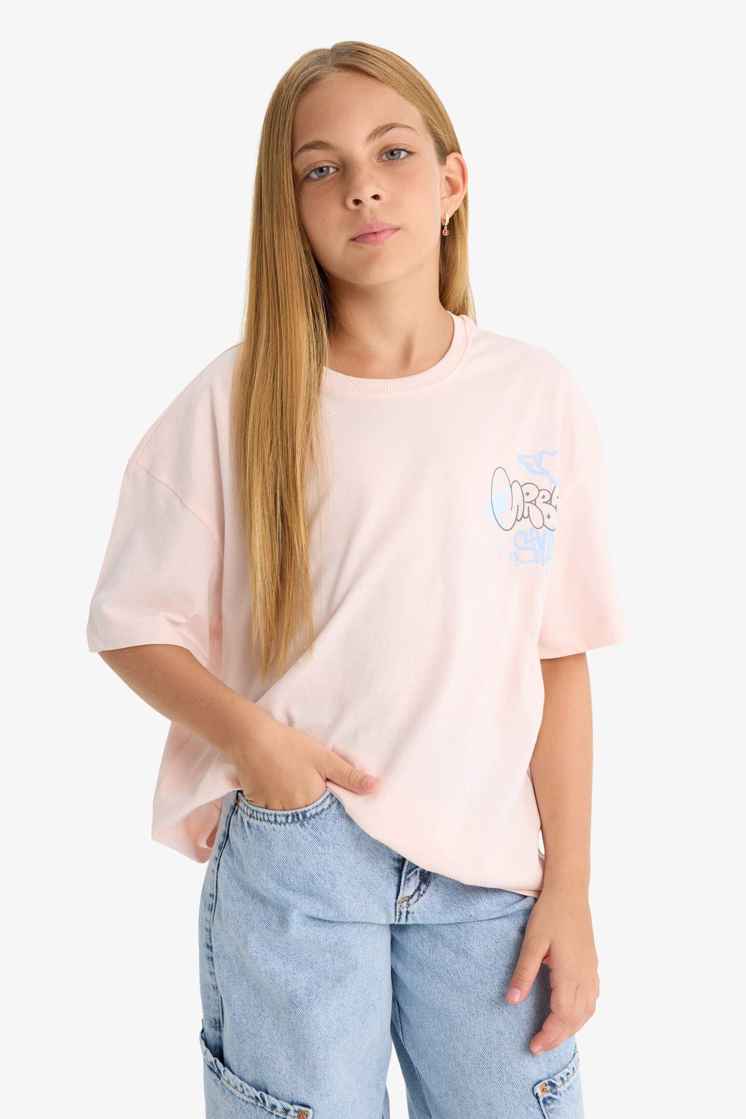 Girl Oversize Fit Crew Neck Slogan Printed T-Shirt