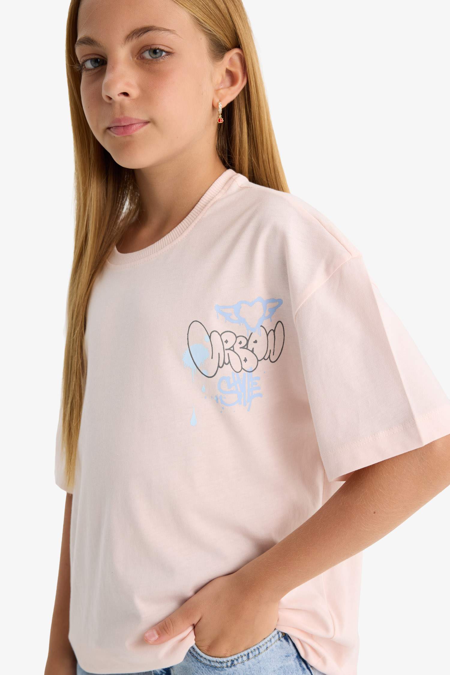 Girl Oversize Fit Crew Neck Slogan Printed T-Shirt