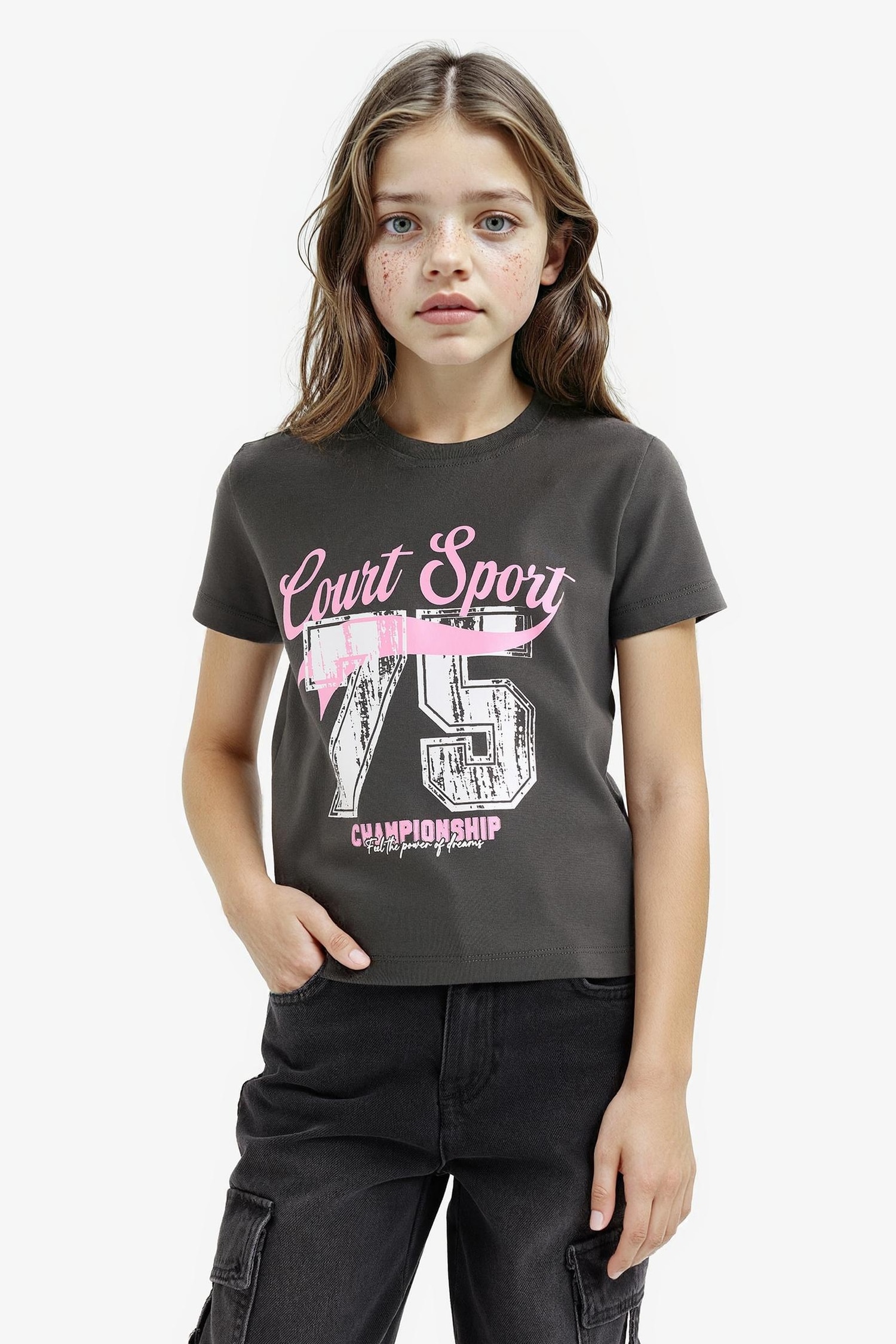 Kız Çocuk Slim Fit Dar Kesim Bisiklet Yaka Ribana Kısa Kollu Tişört