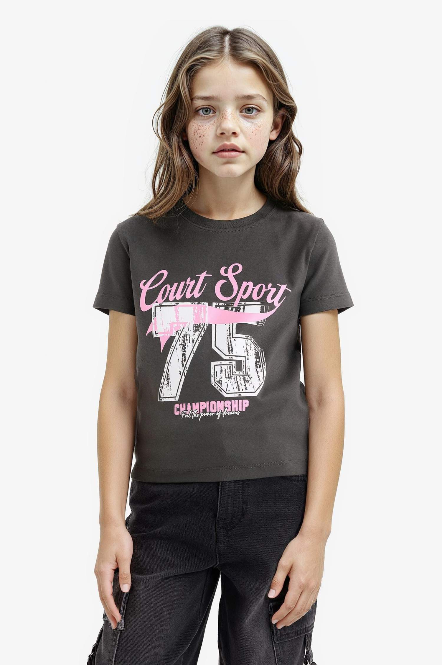 Kız Çocuk Slim Fit Dar Kesim Bisiklet Yaka Ribana Kısa Kollu Tişört