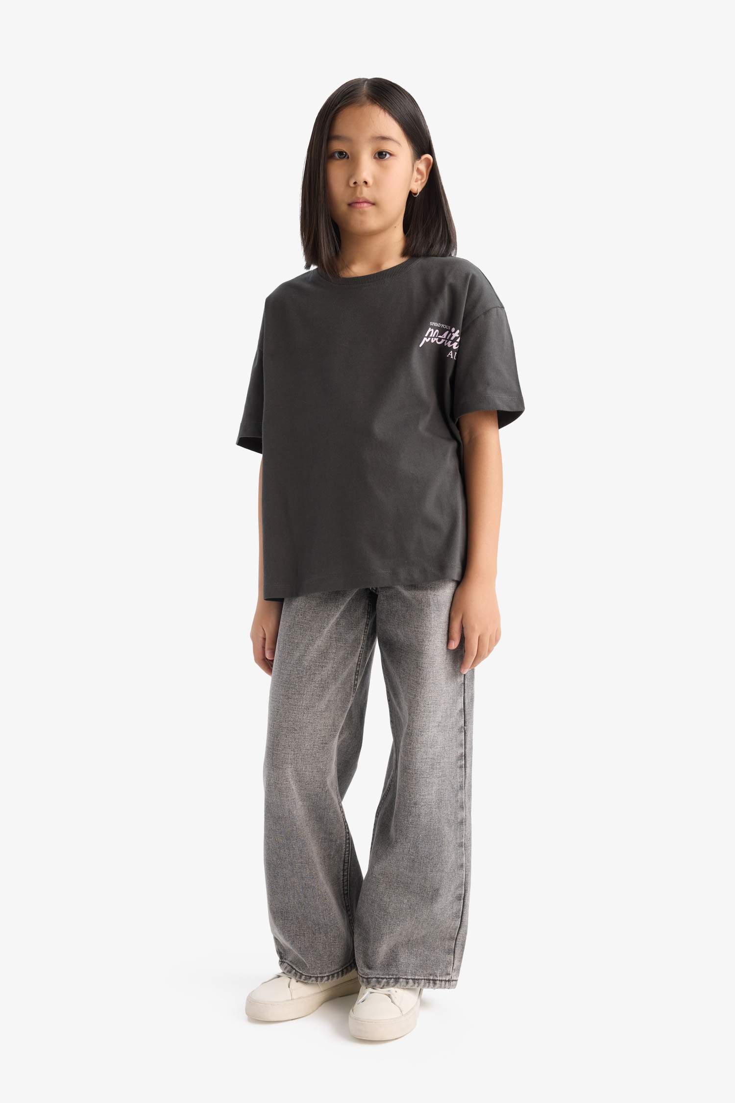 Kız Çocuk Oversize Geniş Kalıp Bisiklet Yaka Sırt Baskılı Kısa Kollu Tişört