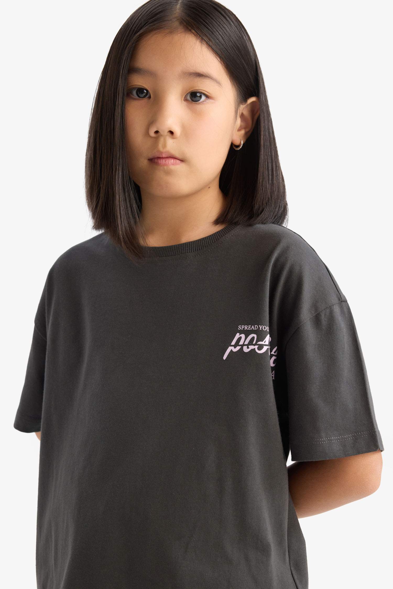 Kız Çocuk Oversize Geniş Kalıp Bisiklet Yaka Sırt Baskılı Kısa Kollu Tişört