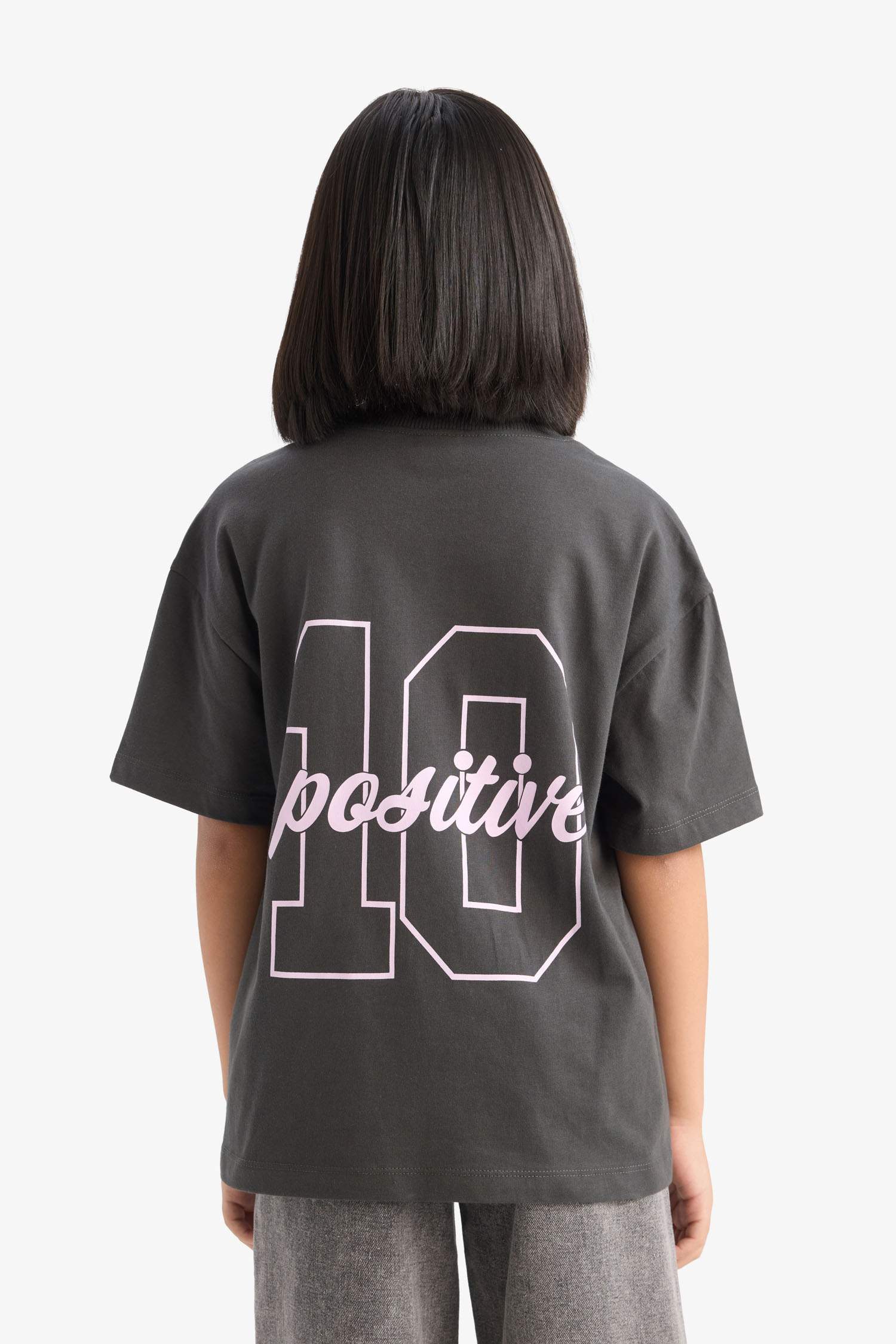 Kız Çocuk Oversize Geniş Kalıp Bisiklet Yaka Sırt Baskılı Kısa Kollu Tişört