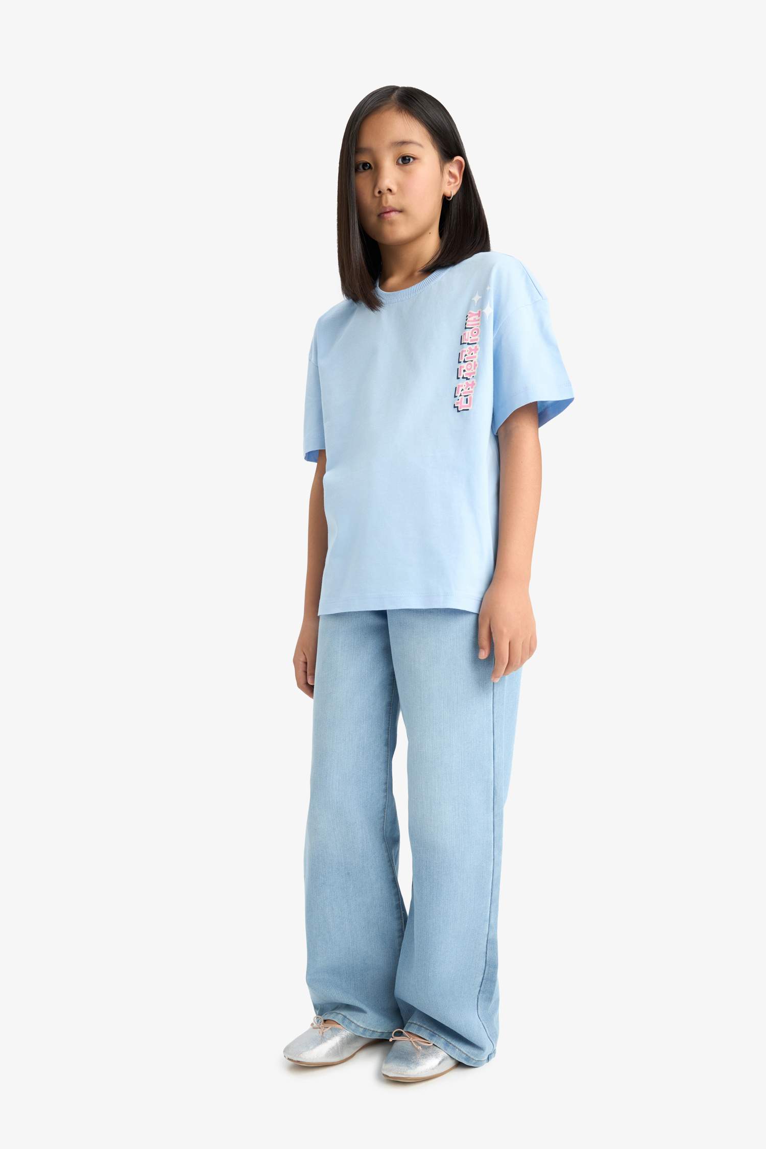 Kız Çocuk Oversize Geniş Kalıp Bisiklet Yaka Sırt Baskılı Kısa Kollu Tişört