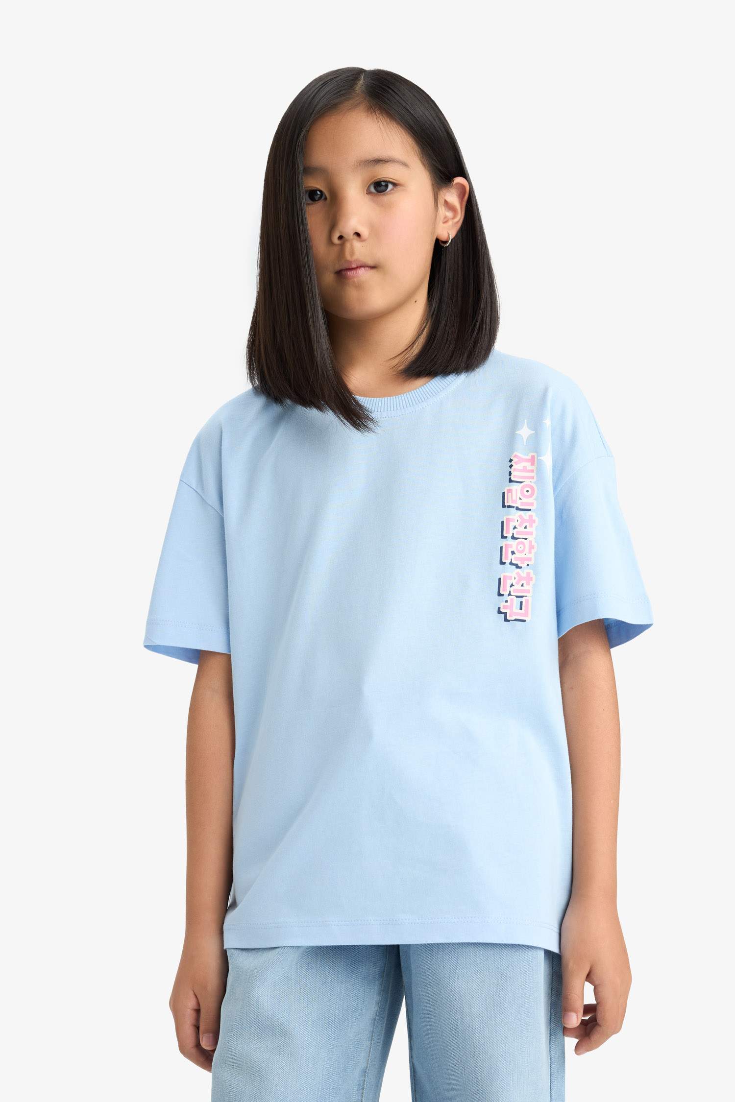 Kız Çocuk Oversize Geniş Kalıp Bisiklet Yaka Sırt Baskılı Kısa Kollu Tişört