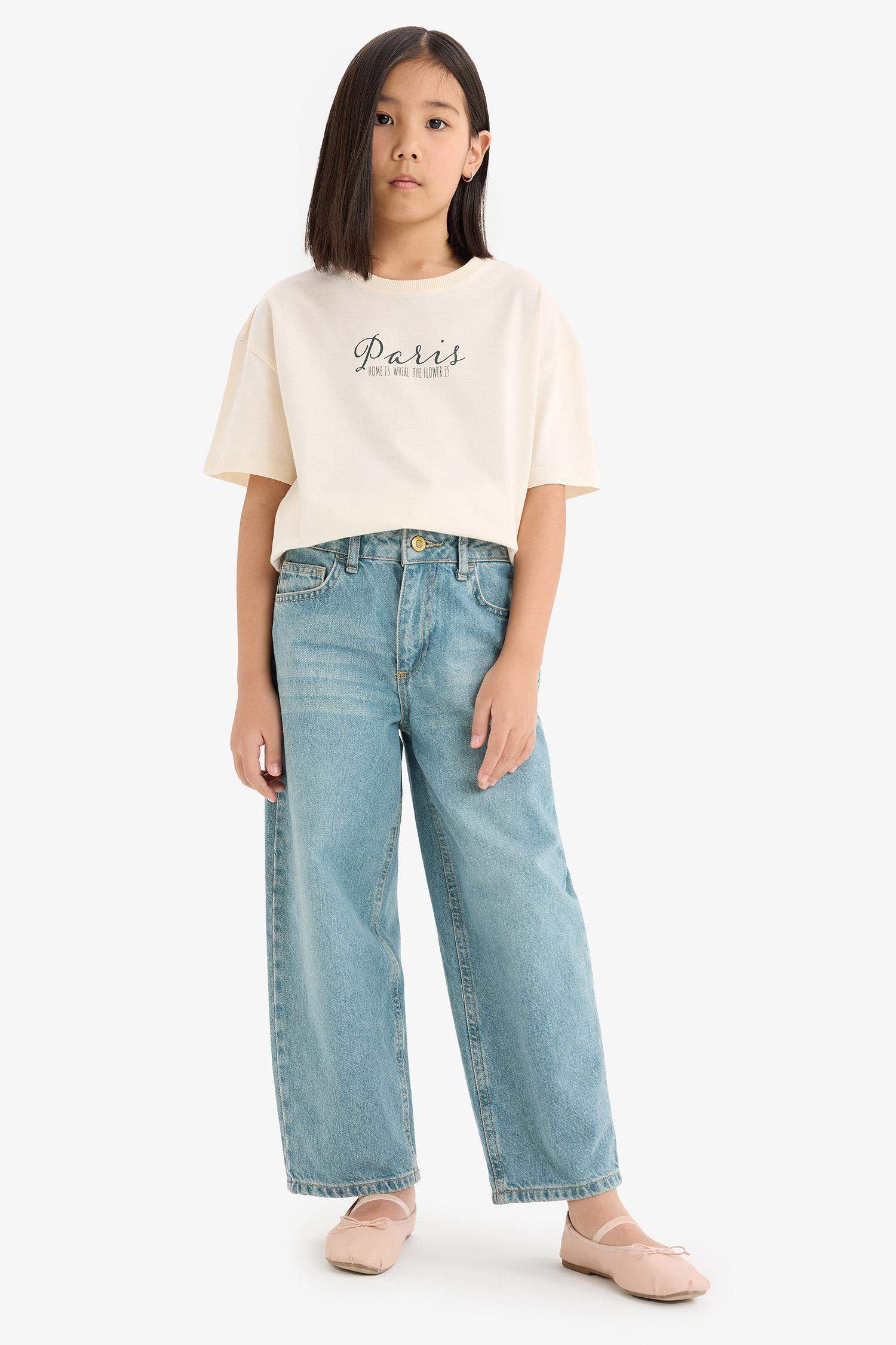 Kız Çocuk Oversize Geniş Kalıp Bisiklet Yaka Sırt Baskılı Kısa Kollu Tişört