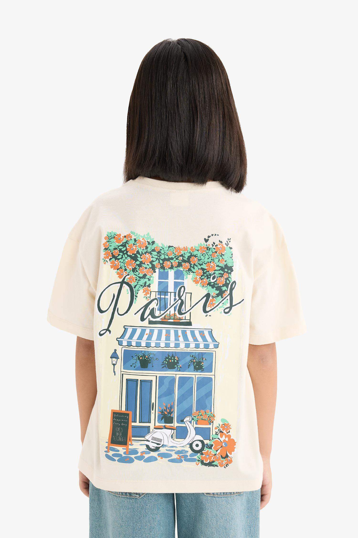 Kız Çocuk Oversize Geniş Kalıp Bisiklet Yaka Sırt Baskılı Kısa Kollu Tişört