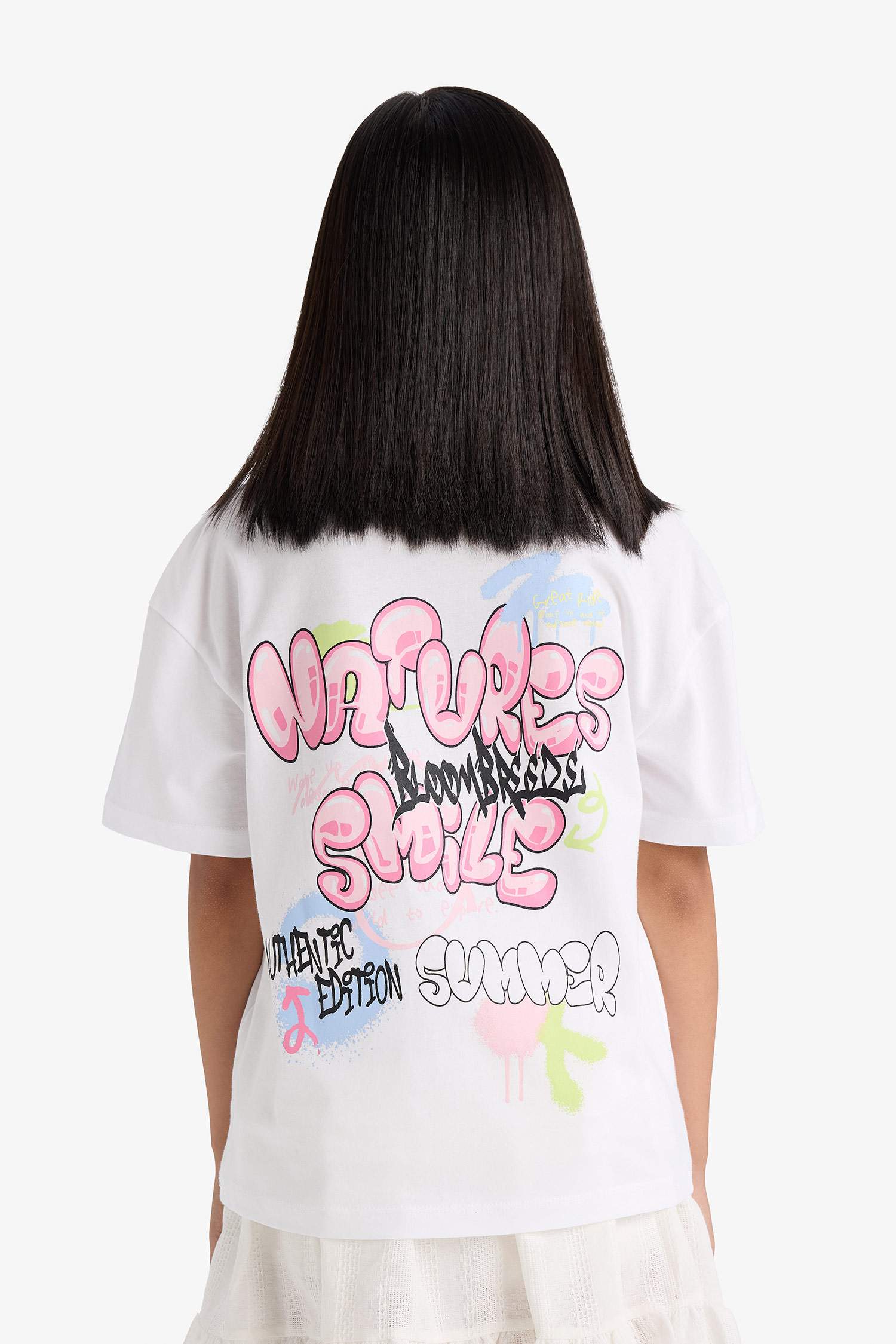 Kız Çocuk Oversize Geniş Kalıp Bisiklet Yaka Sırt Baskılı Kısa Kollu Tişört