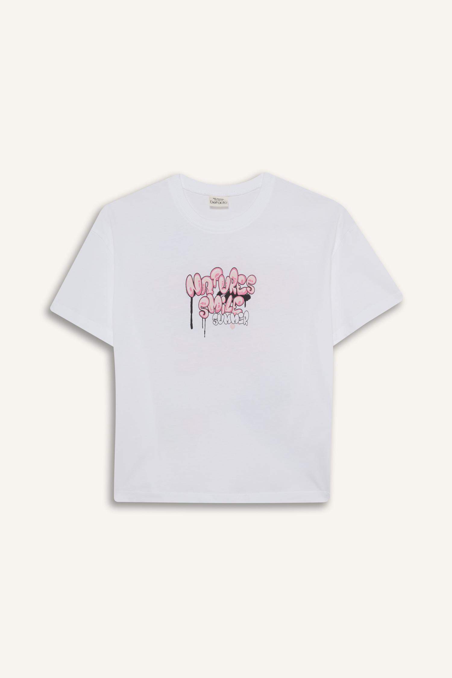 Kız Çocuk Oversize Geniş Kalıp Bisiklet Yaka Sırt Baskılı Kısa Kollu Tişört