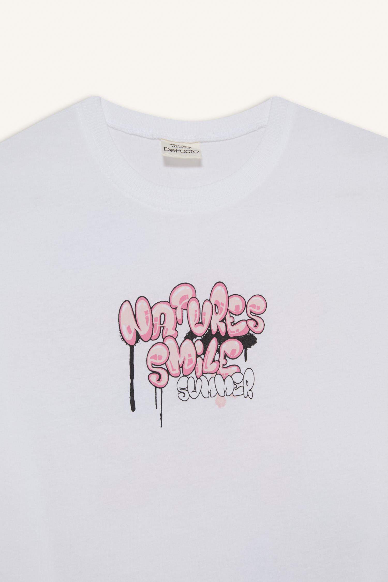 Kız Çocuk Oversize Geniş Kalıp Bisiklet Yaka Sırt Baskılı Kısa Kollu Tişört