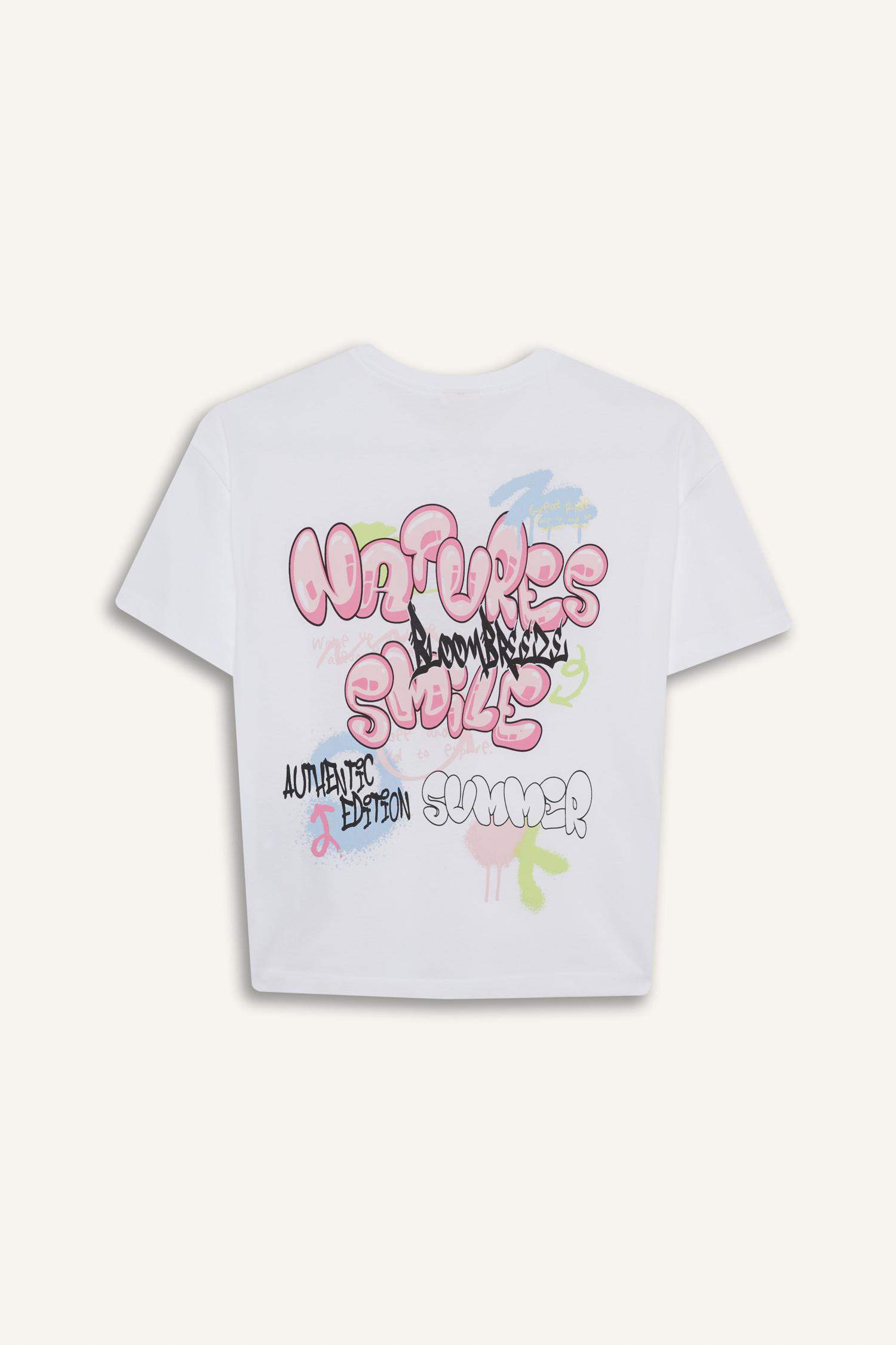 Kız Çocuk Oversize Geniş Kalıp Bisiklet Yaka Sırt Baskılı Kısa Kollu Tişört