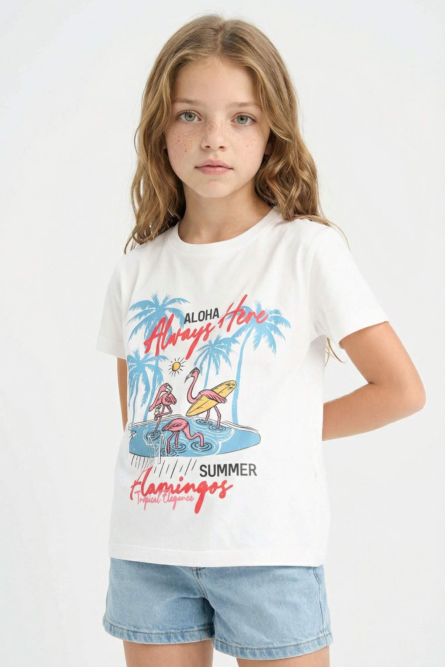 تيشيرت بناتي نص ردن مطبوع وياخة مستديرة