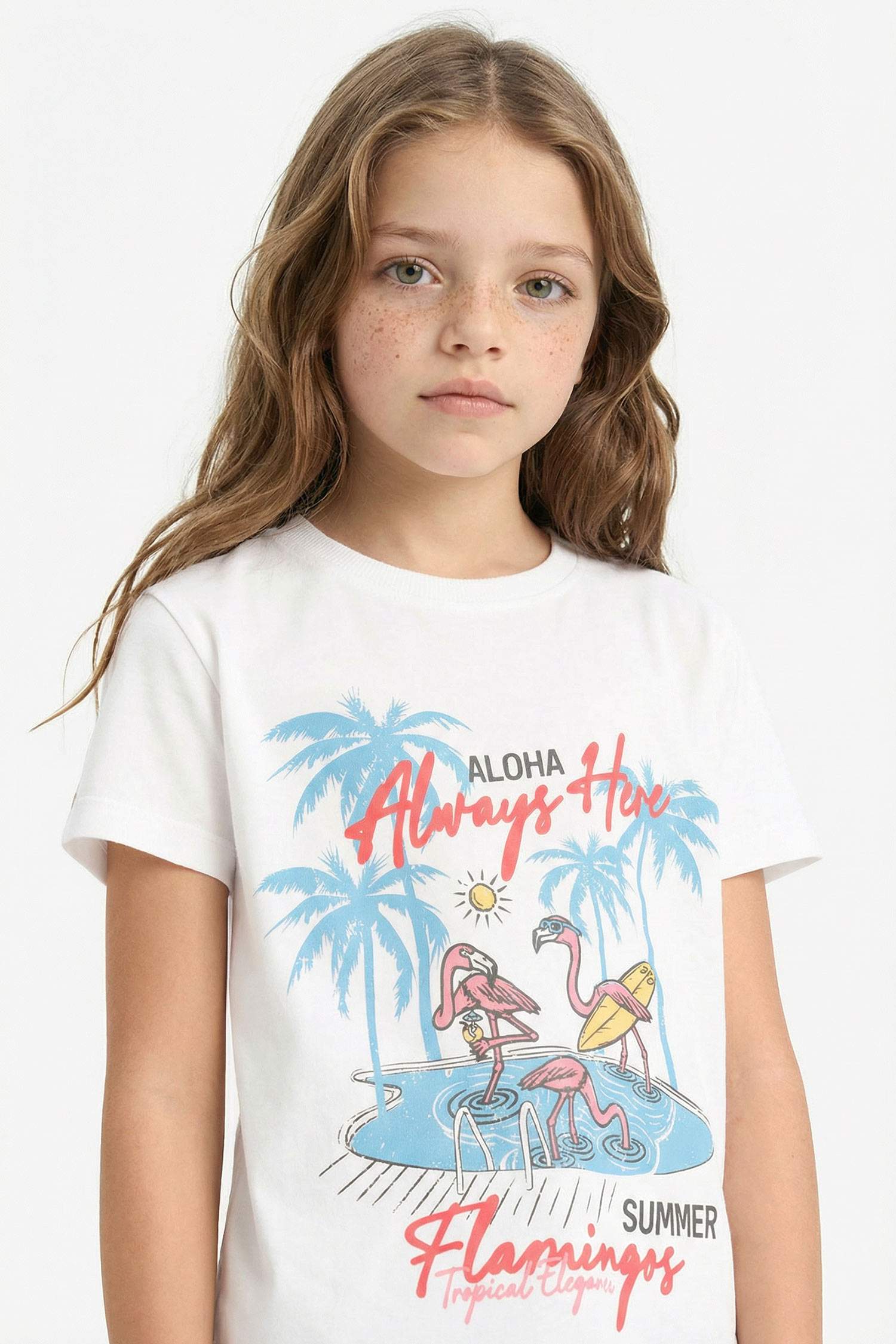 تيشيرت بناتي نص ردن مطبوع وياخة مستديرة