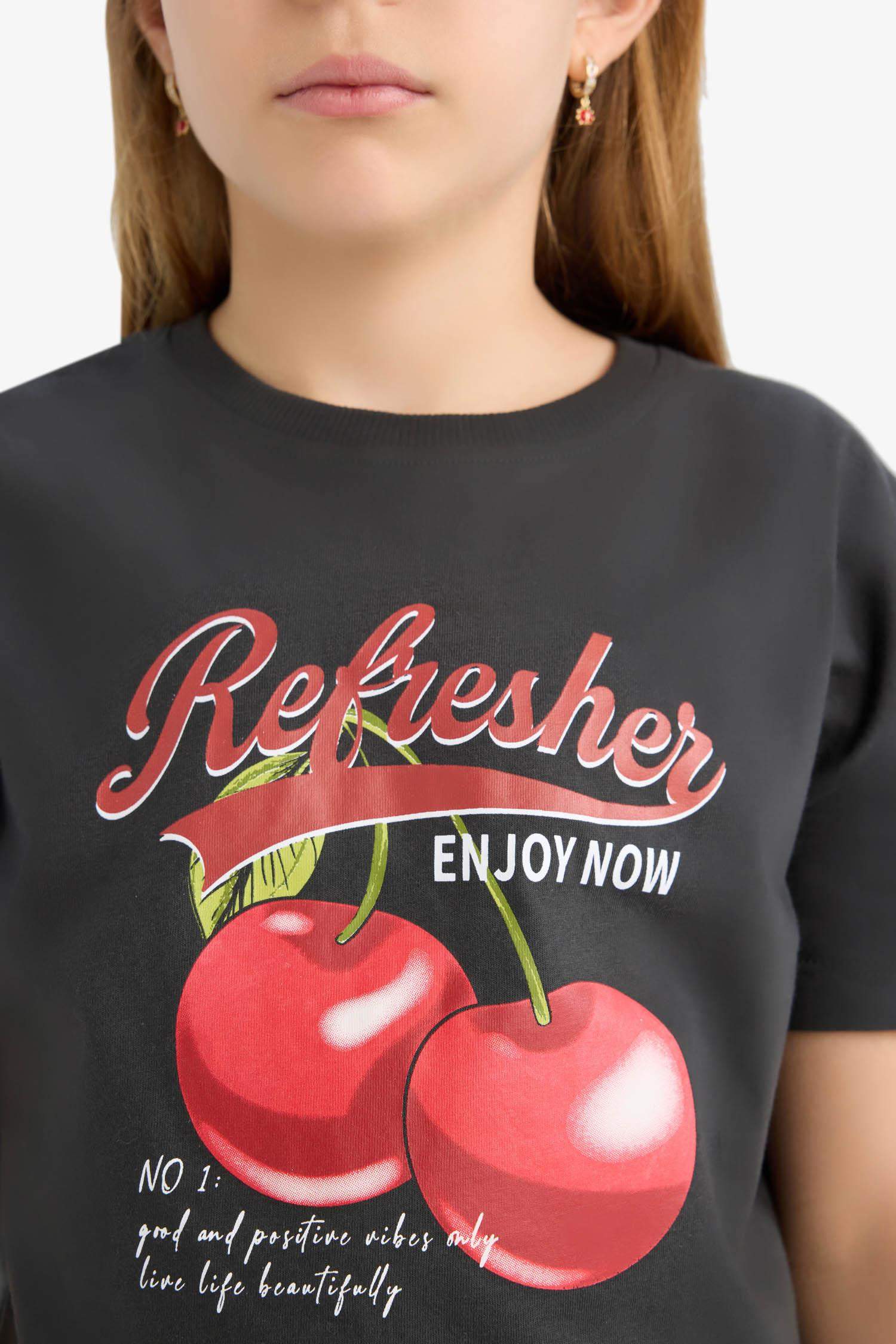 Kız Çocuk Bisiklet Yaka Baskılı Kısa Kollu Tişört