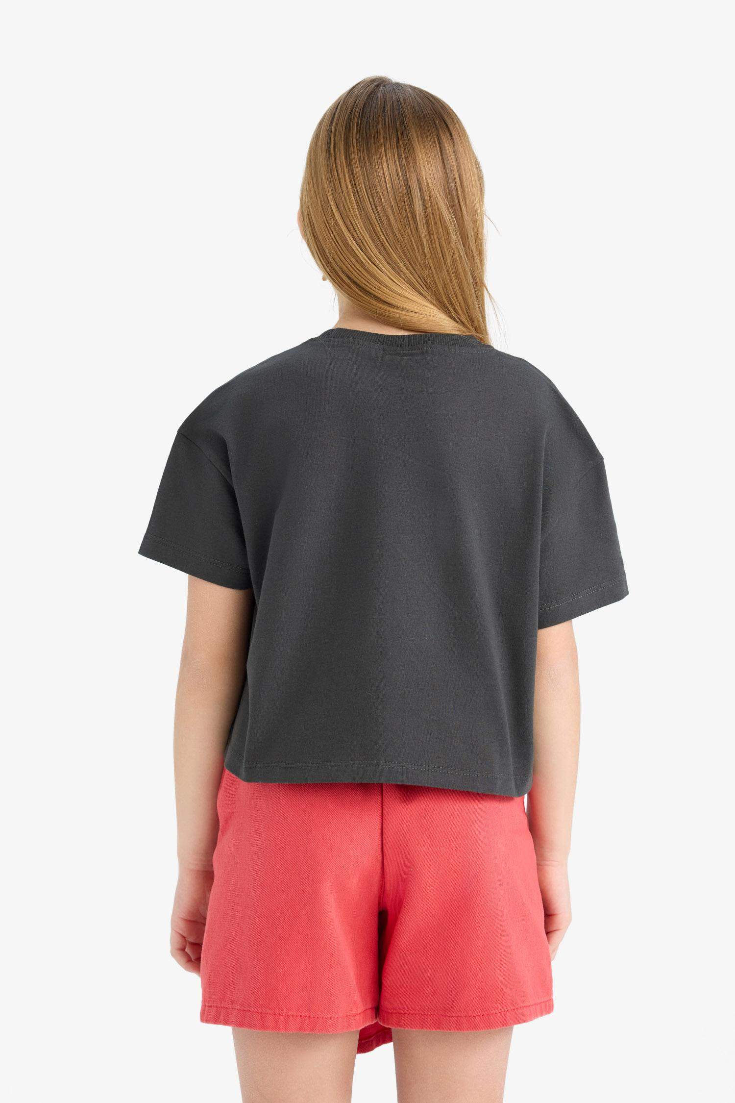 Kız Çocuk Bisiklet Yaka Baskılı Kısa Kollu Tişört