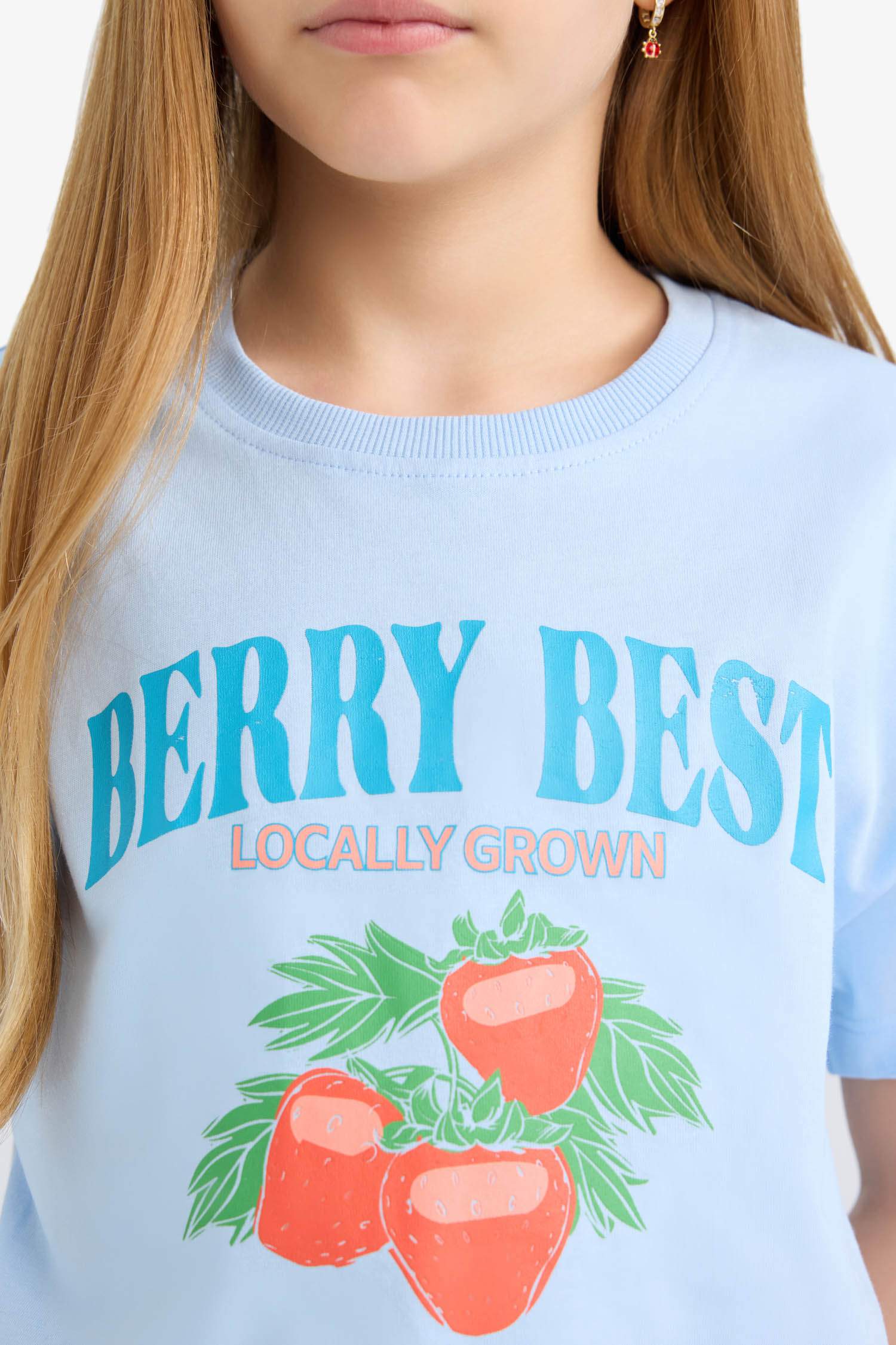 Kız Çocuk Bisiklet Yaka Baskılı Kısa Kollu Tişört