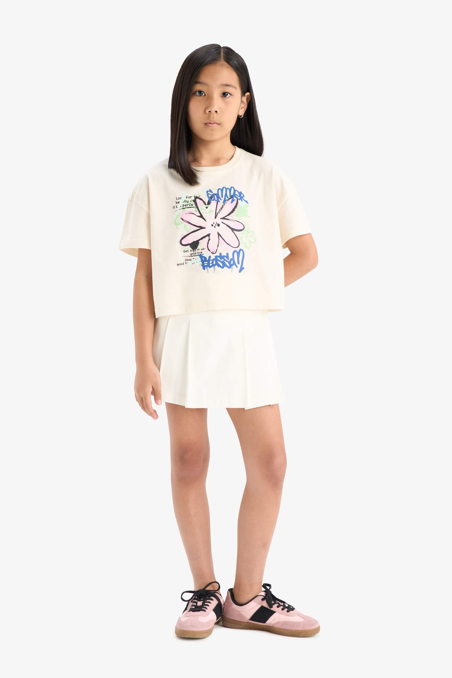 Kız Çocuk Bisiklet Yaka Baskılı Kısa Kollu Tişört