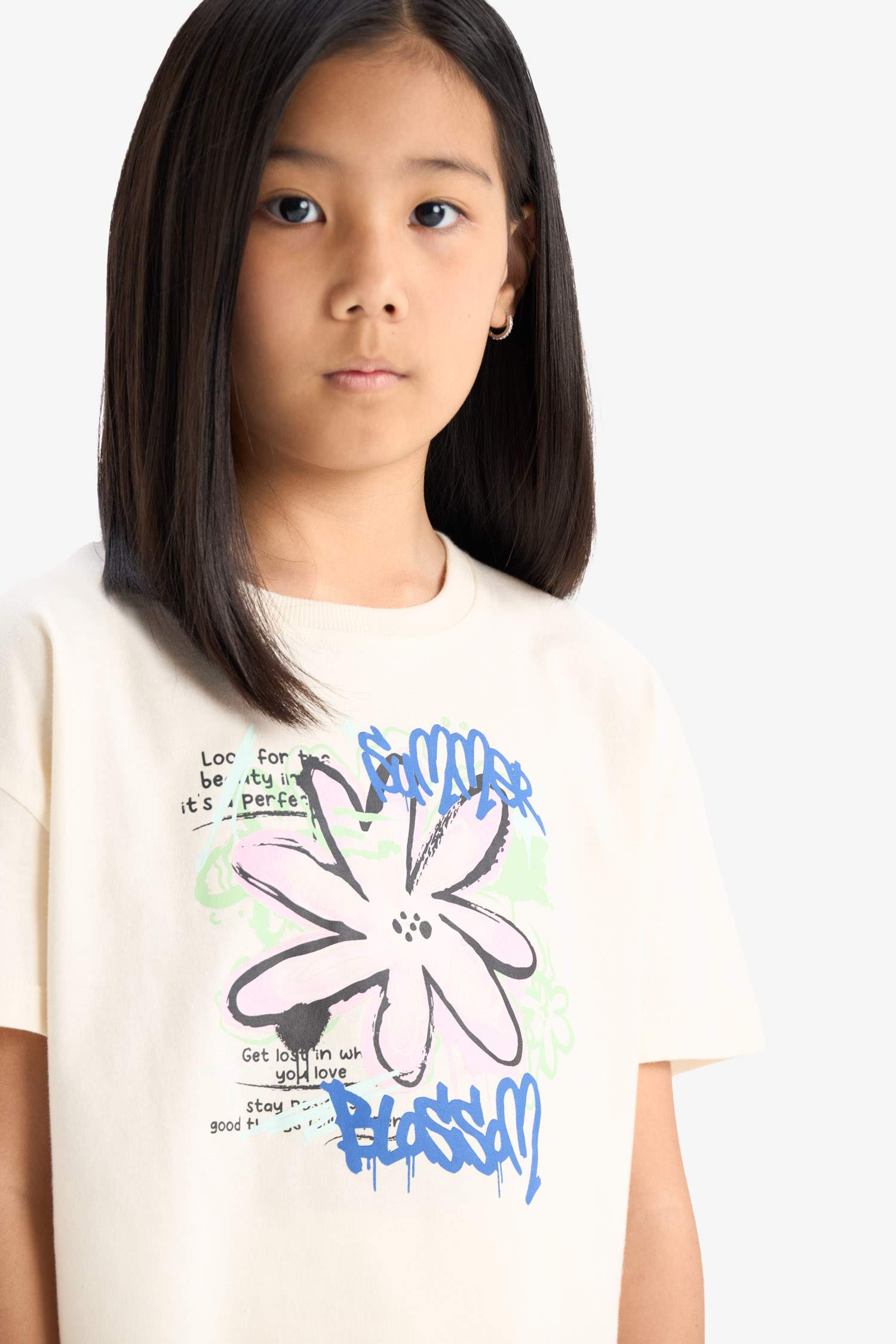 Kız Çocuk Bisiklet Yaka Baskılı Kısa Kollu Tişört