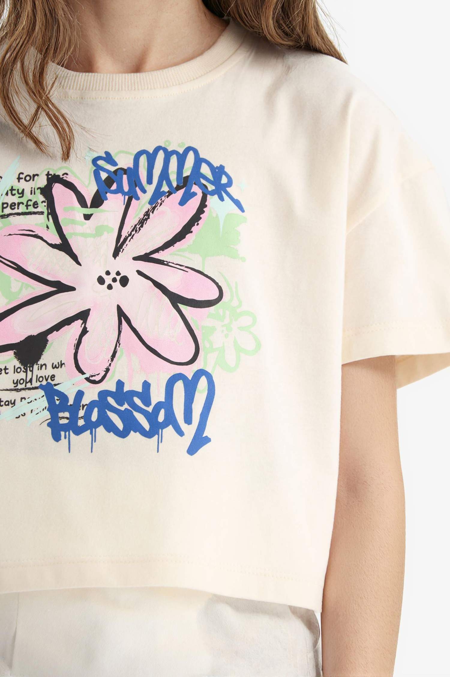 Kız Çocuk Bisiklet Yaka Baskılı Kısa Kollu Tişört