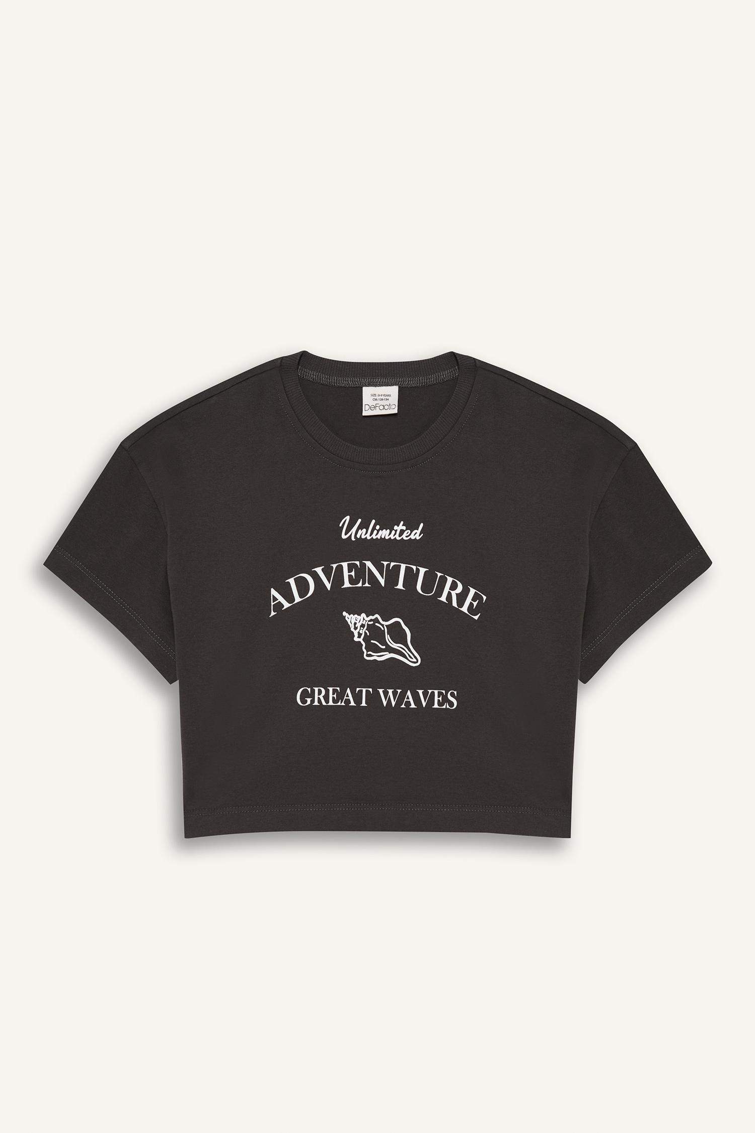 Kız Çocuk Crop Bisiklet Yaka Baskılı Kısa Kollu Tişört